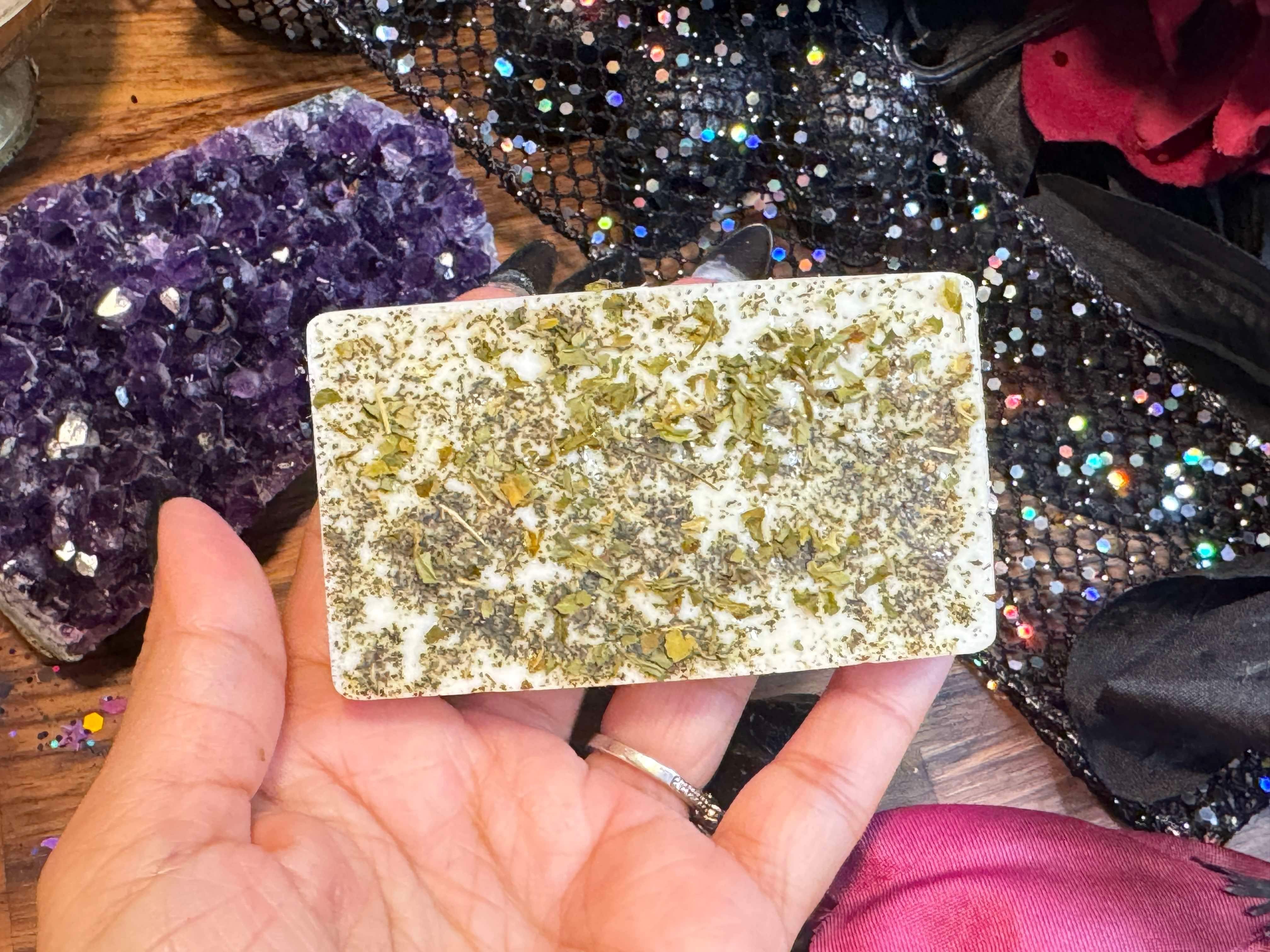 Handcrafted Banish and Cleanse Spell Soap made with organic goat milk and infused with natural herbs and essential oils for aura cleansing and spiritual protection. Ideal for daily use or spiritual rituals to remove negative energy and restore balance.