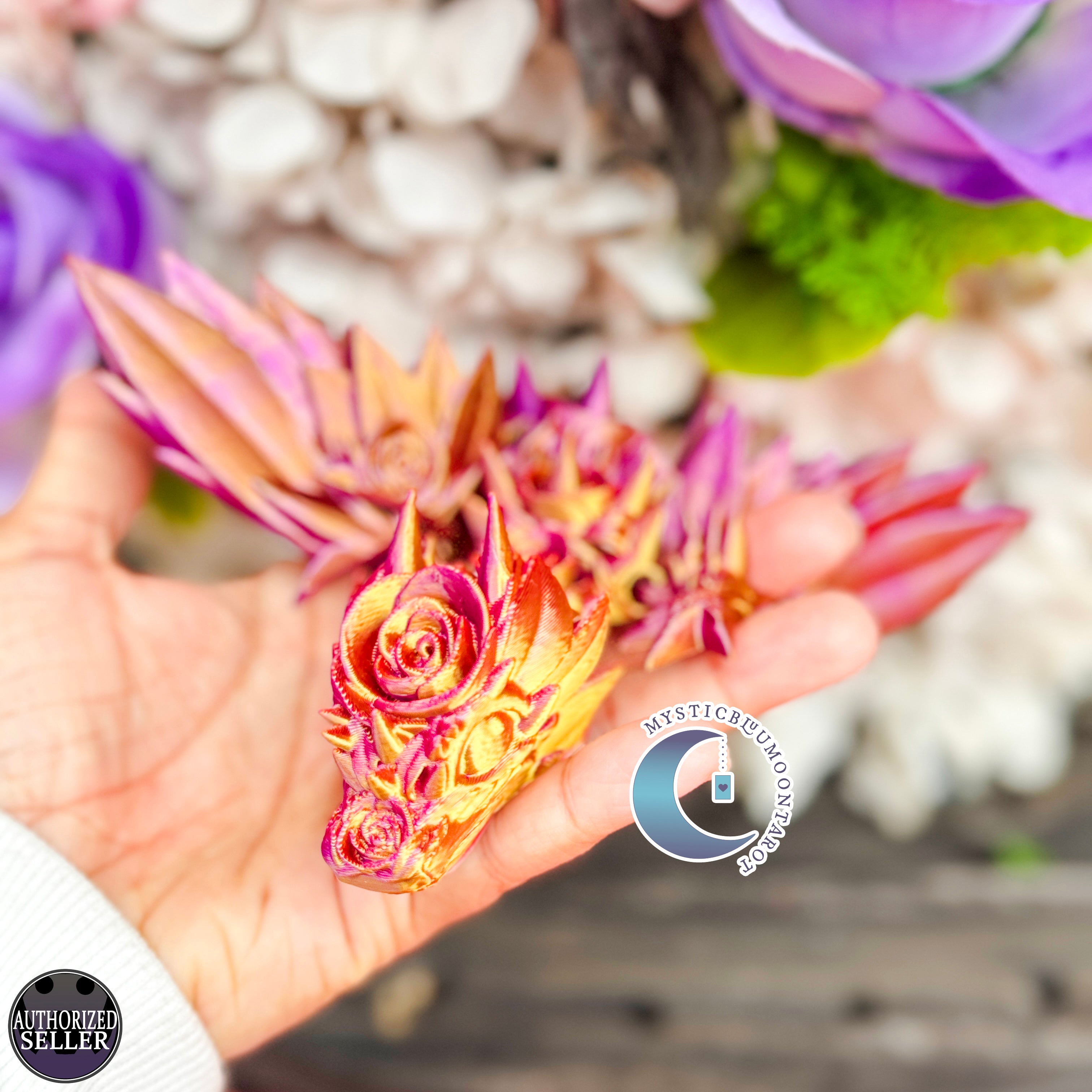 3D Rose Wing Dragon, Pink Gold Silk Color, desk toy, fidget toy, gift for rose lover