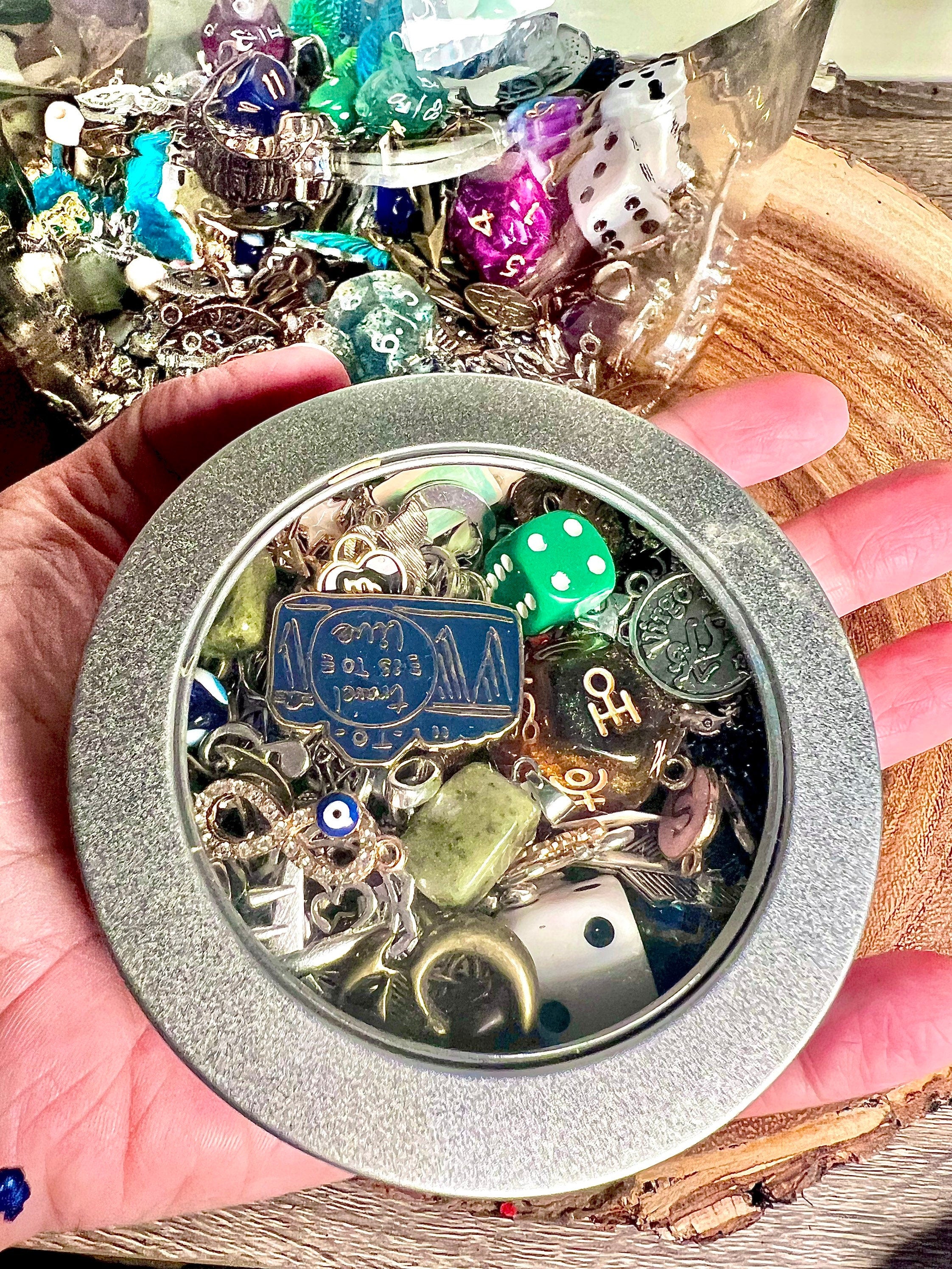 Divination Charm Confetti Scoop | Tin Window 100+ Items | Lucky Dip Mystery Divination | Witch Kit Readings Silver Gold Enamel Zodiac