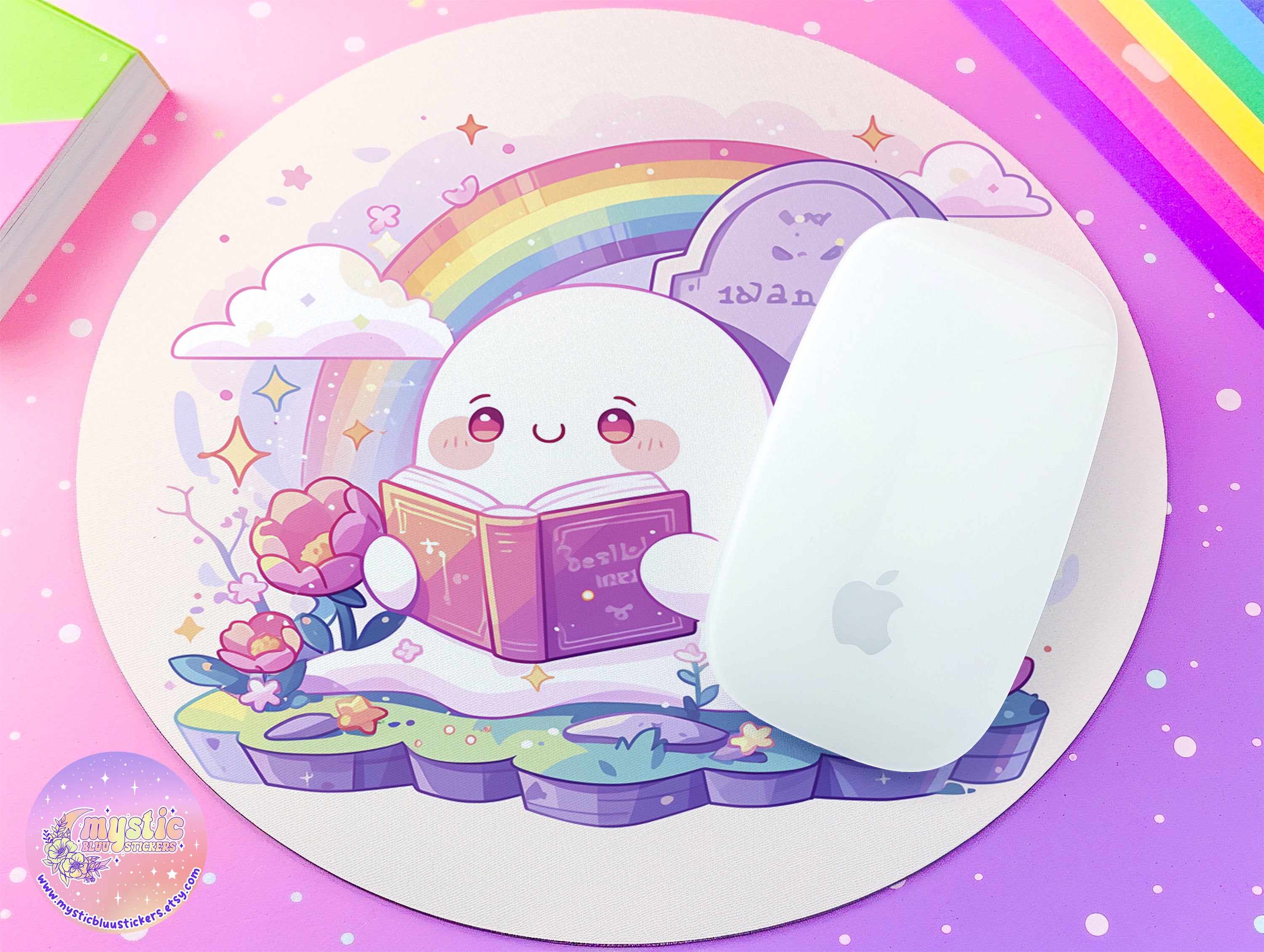 Ghost Reading Mousepad Floral Kawaii Decor, Moon and Stars, Round Mouse Pad, Cozy Desk Mat, Witchy Ghost Aesthetic Desktop