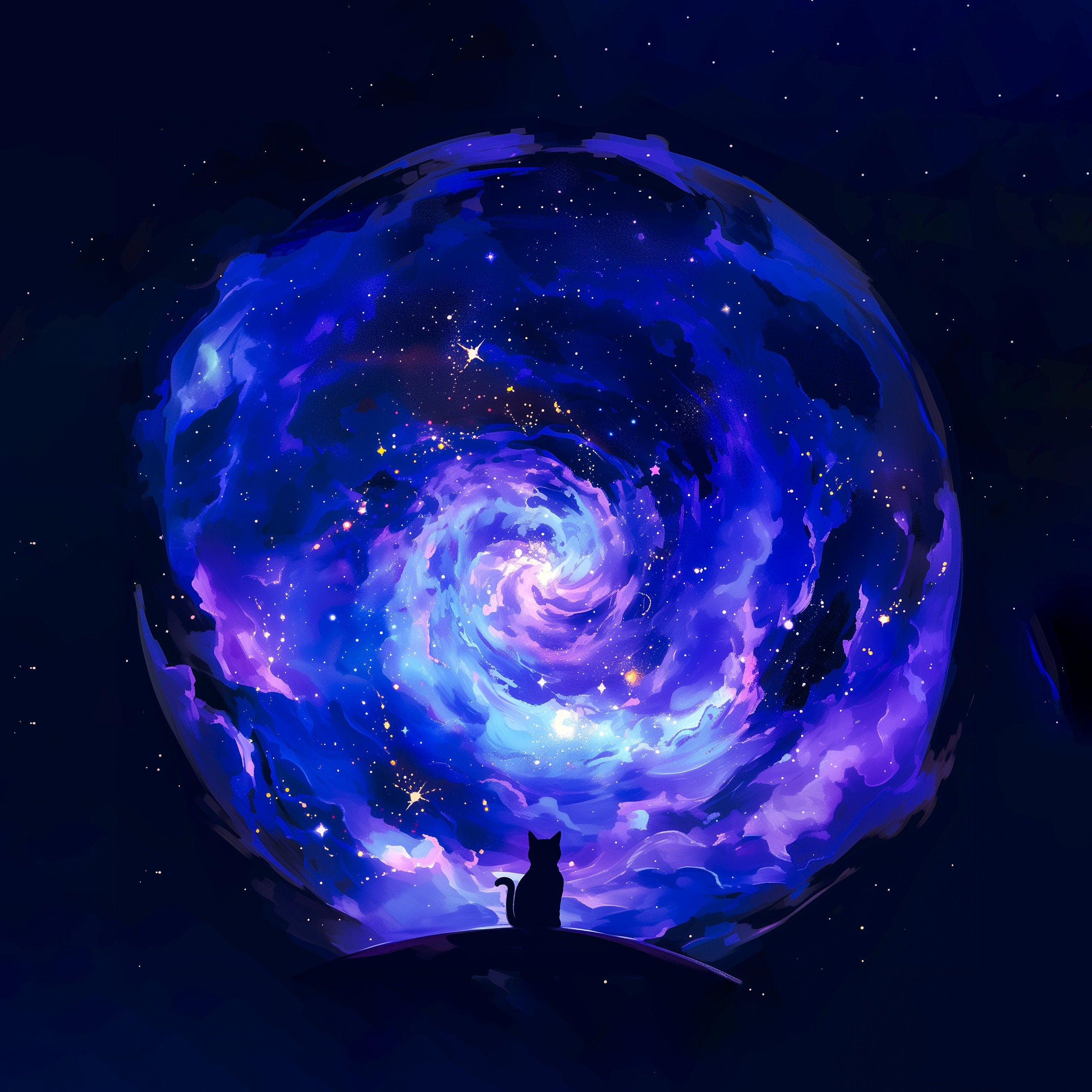 Galaxy Mousepad Cat Vaporwave Office Decor - Moon and Stars Round Mouse Pad - Cute Cozy Desk Mat - Celestial Cat Aesthetic Desktop