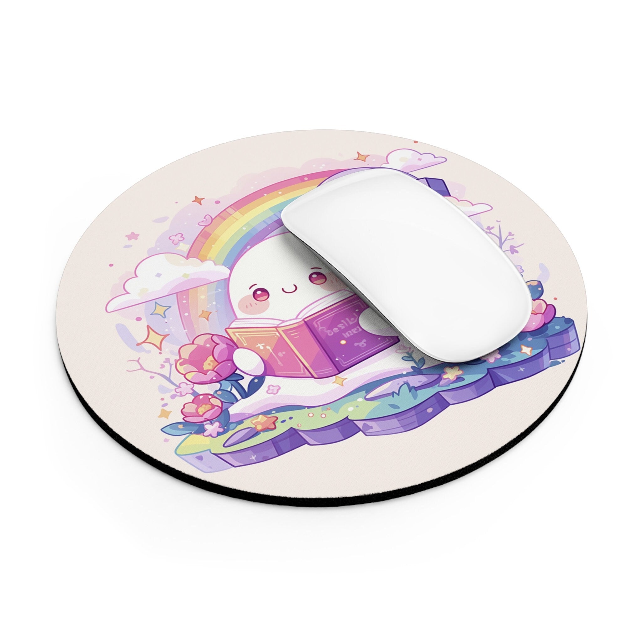 Ghost Reading Mousepad Floral Kawaii Decor, Moon and Stars, Round Mouse Pad, Cozy Desk Mat, Witchy Ghost Aesthetic Desktop