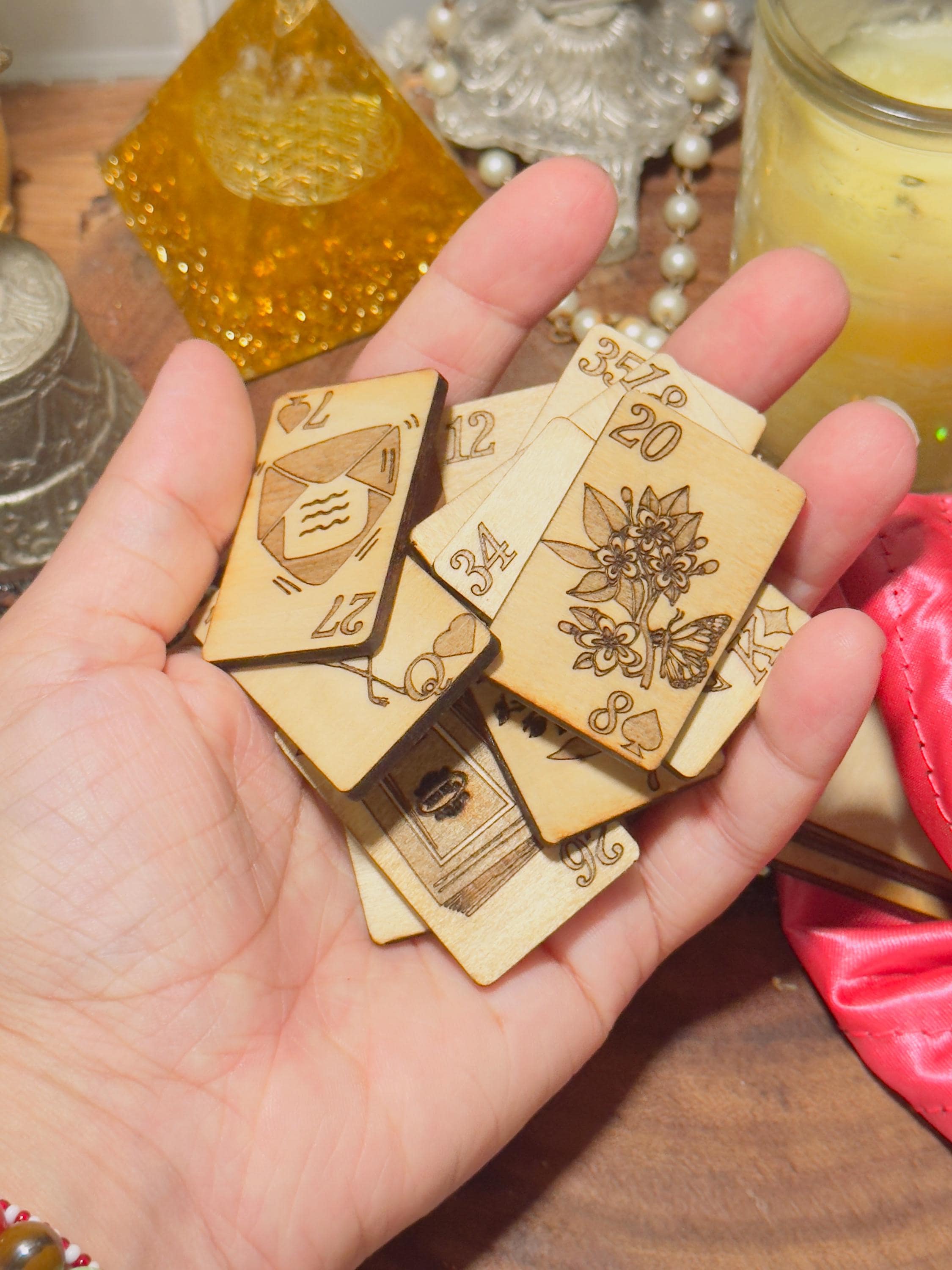 An enchanting mini wooden Lenormand deck for divination, perfect for witches, tarot readers, and mystical practitioners