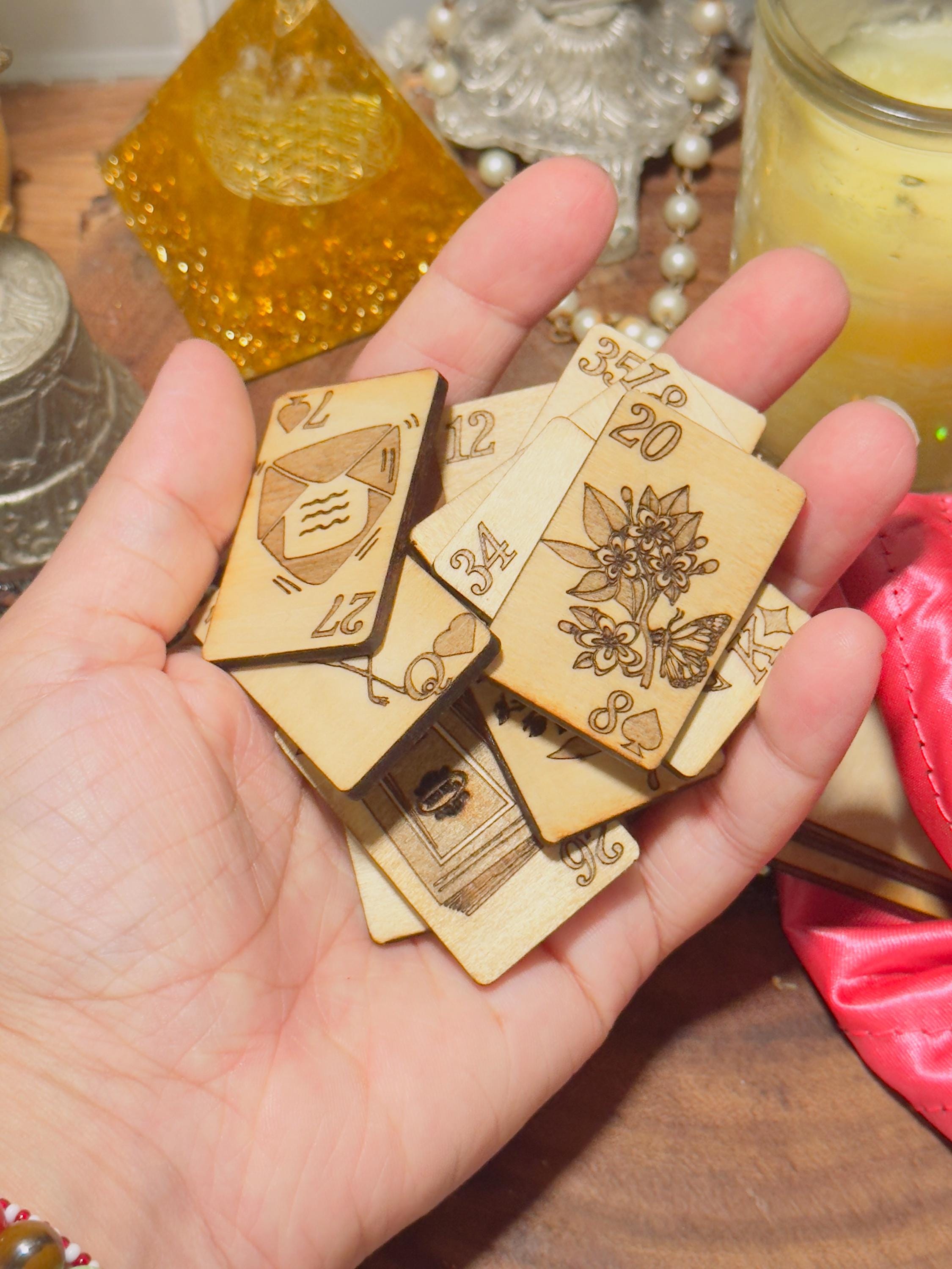 An enchanting mini wooden Lenormand deck for divination, perfect for witches, tarot readers, and mystical practitioners