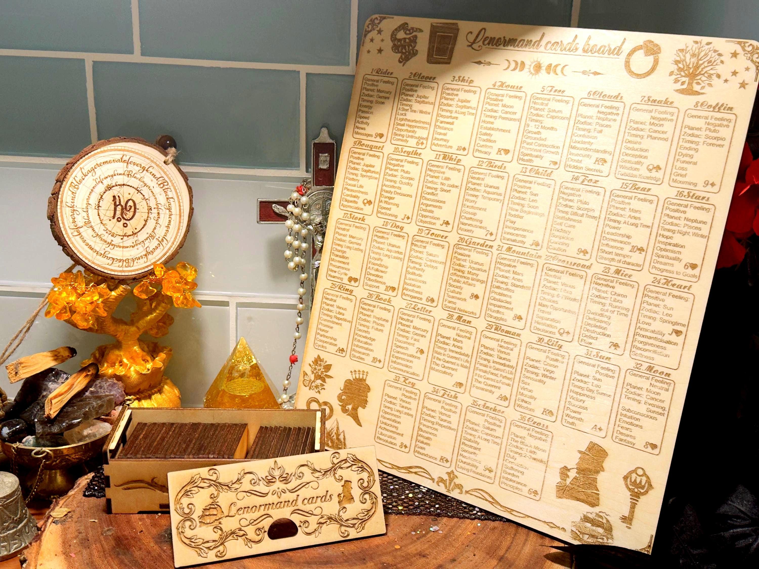 An enchanting mini wooden Lenormand deck for divination, perfect for witches, tarot readers, and mystical practitioners