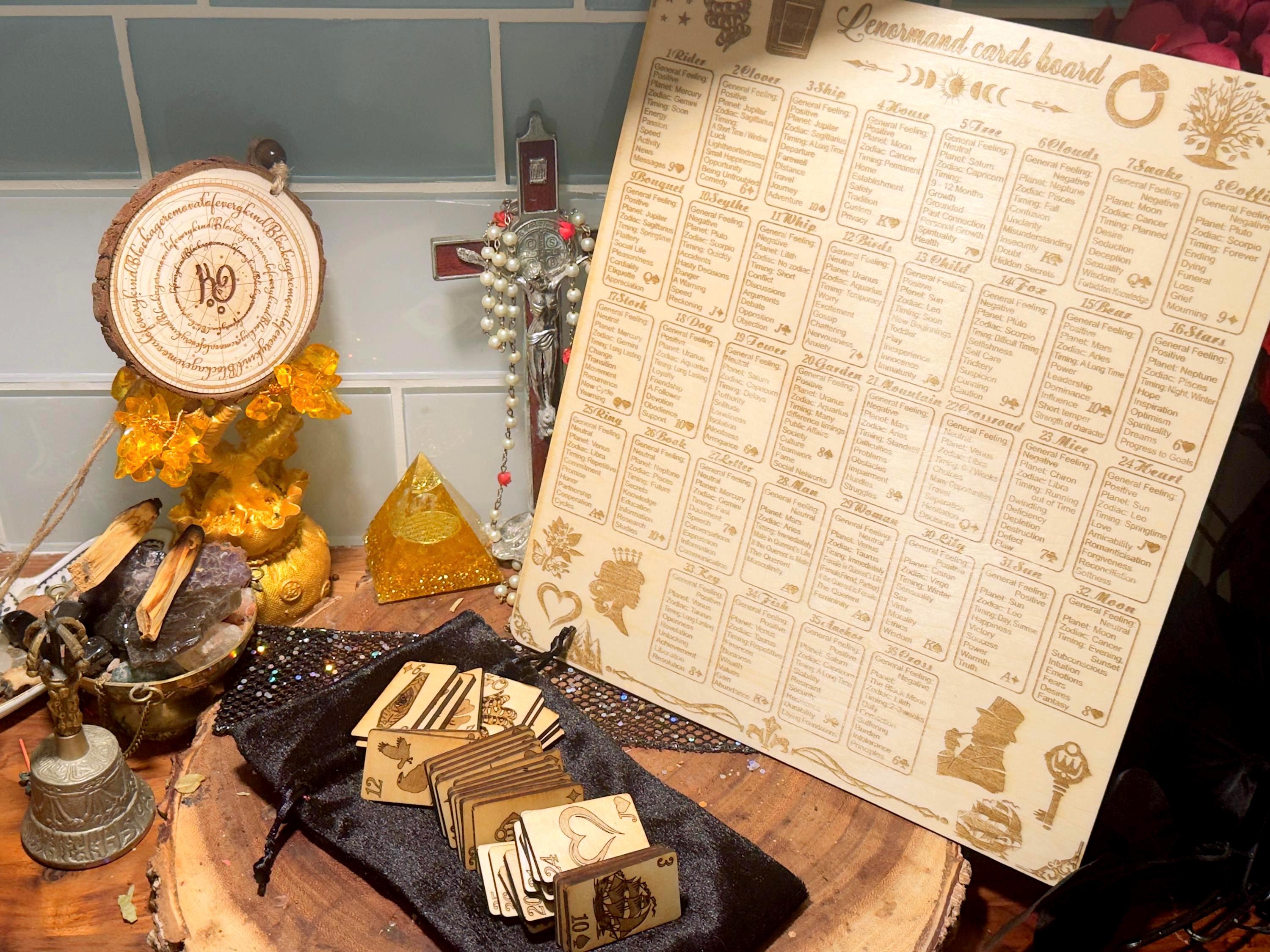 An enchanting mini wooden Lenormand deck for divination, perfect for witches, tarot readers, and mystical practitioners