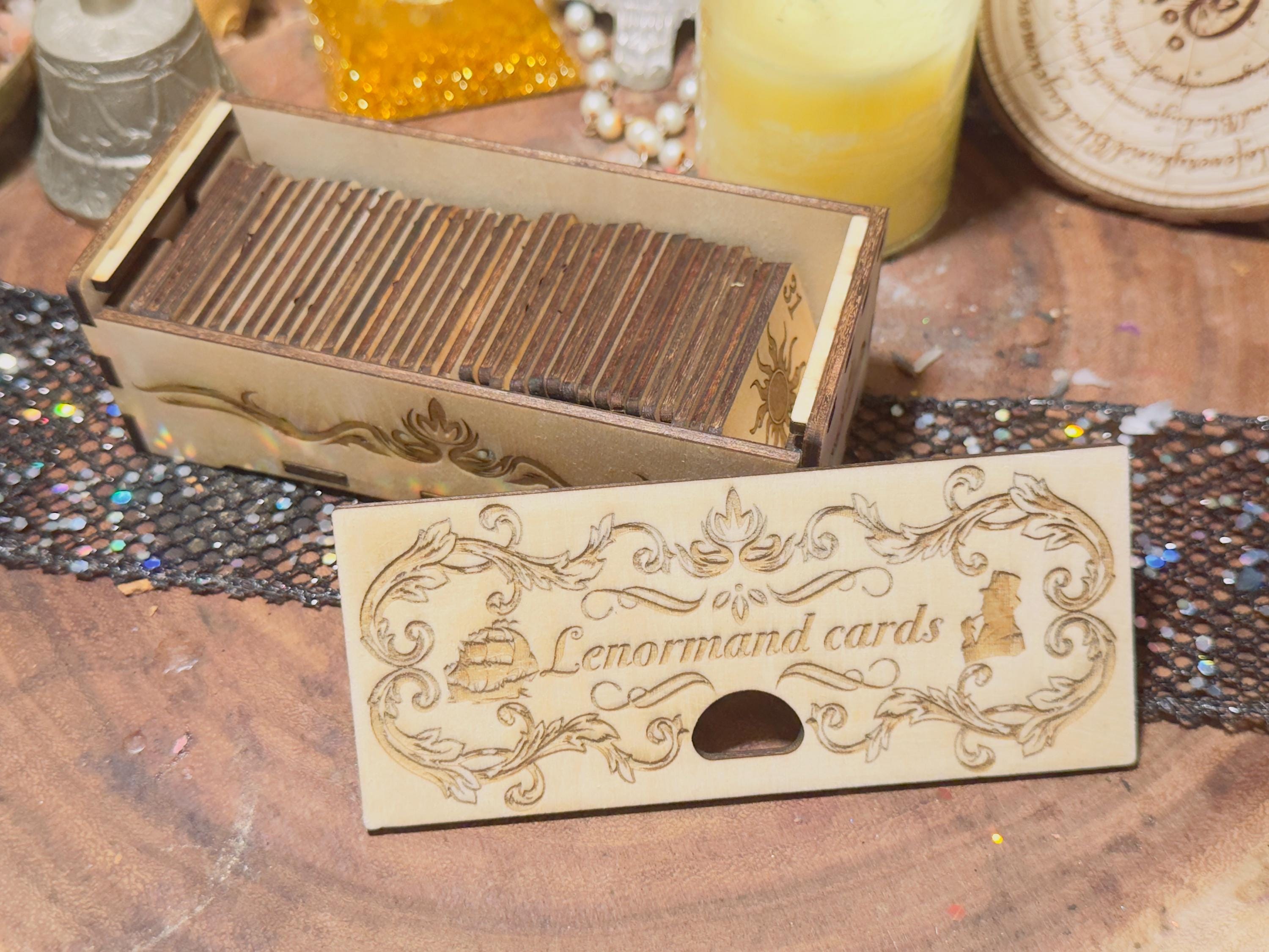 An enchanting mini wooden Lenormand deck for divination, perfect for witches, tarot readers, and mystical practitioners
