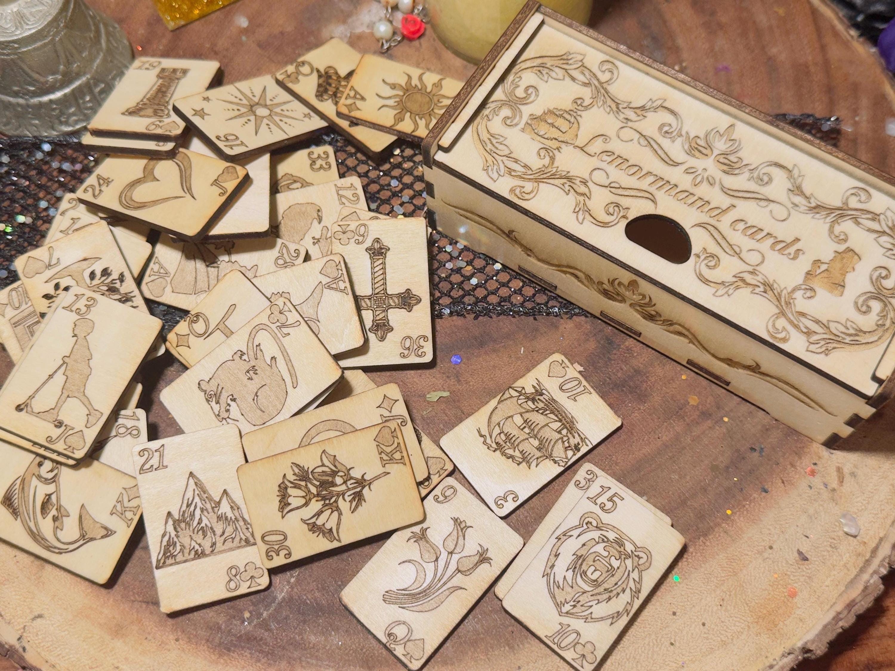 An enchanting mini wooden Lenormand deck for divination, perfect for witches, tarot readers, and mystical practitioners
