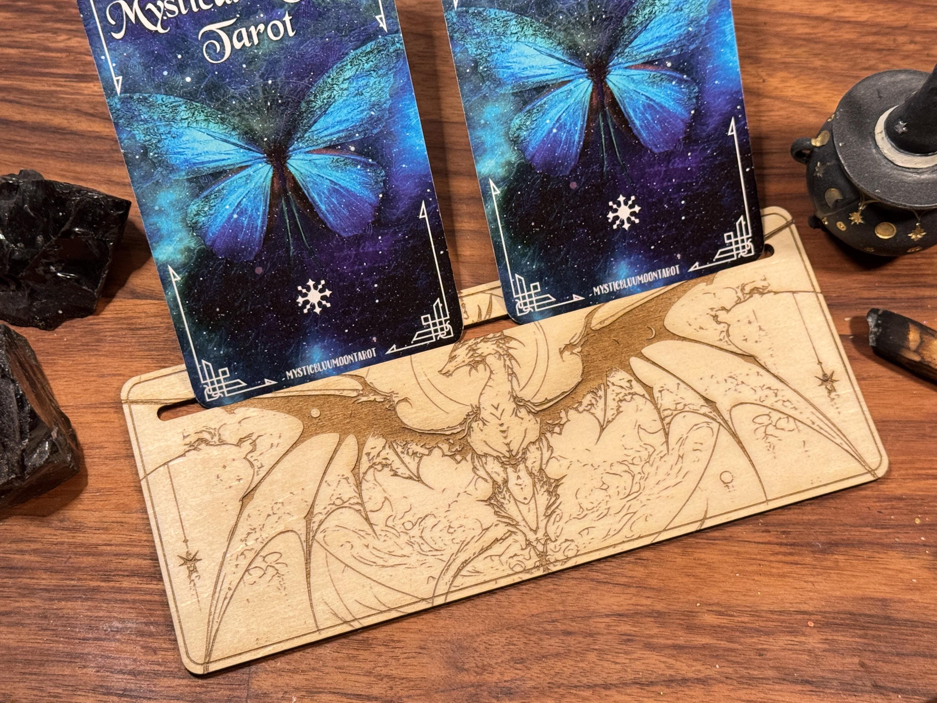 Mystic Dragon Tarot Card Stand – Wooden Engraved Tarot Display for 1-2 Cards, Oracle Card Holder, Card of the Day Stand, Altar Decor