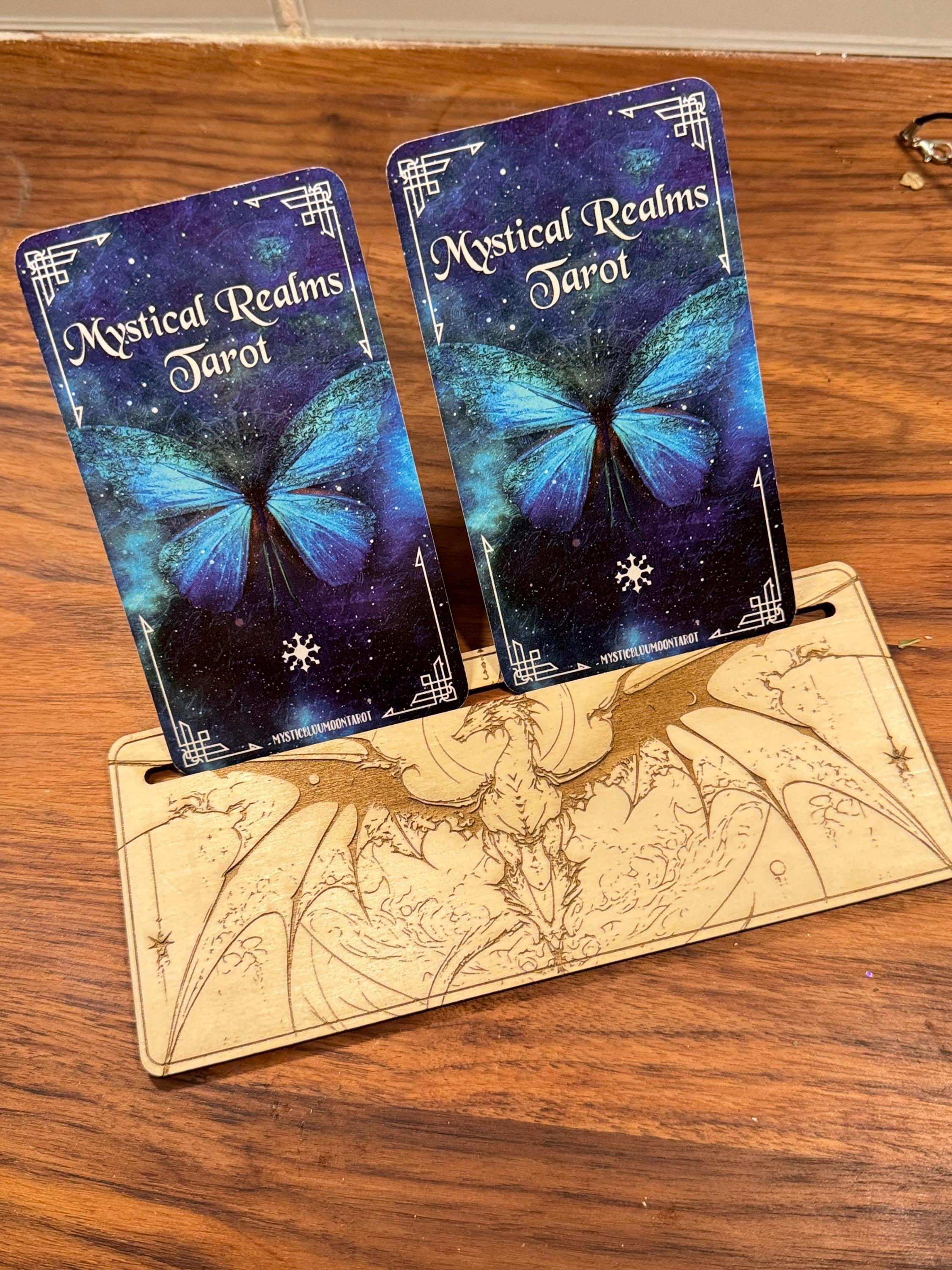 Mystic Dragon Tarot Card Stand – Wooden Engraved Tarot Display for 1-2 Cards, Oracle Card Holder, Card of the Day Stand, Altar Decor