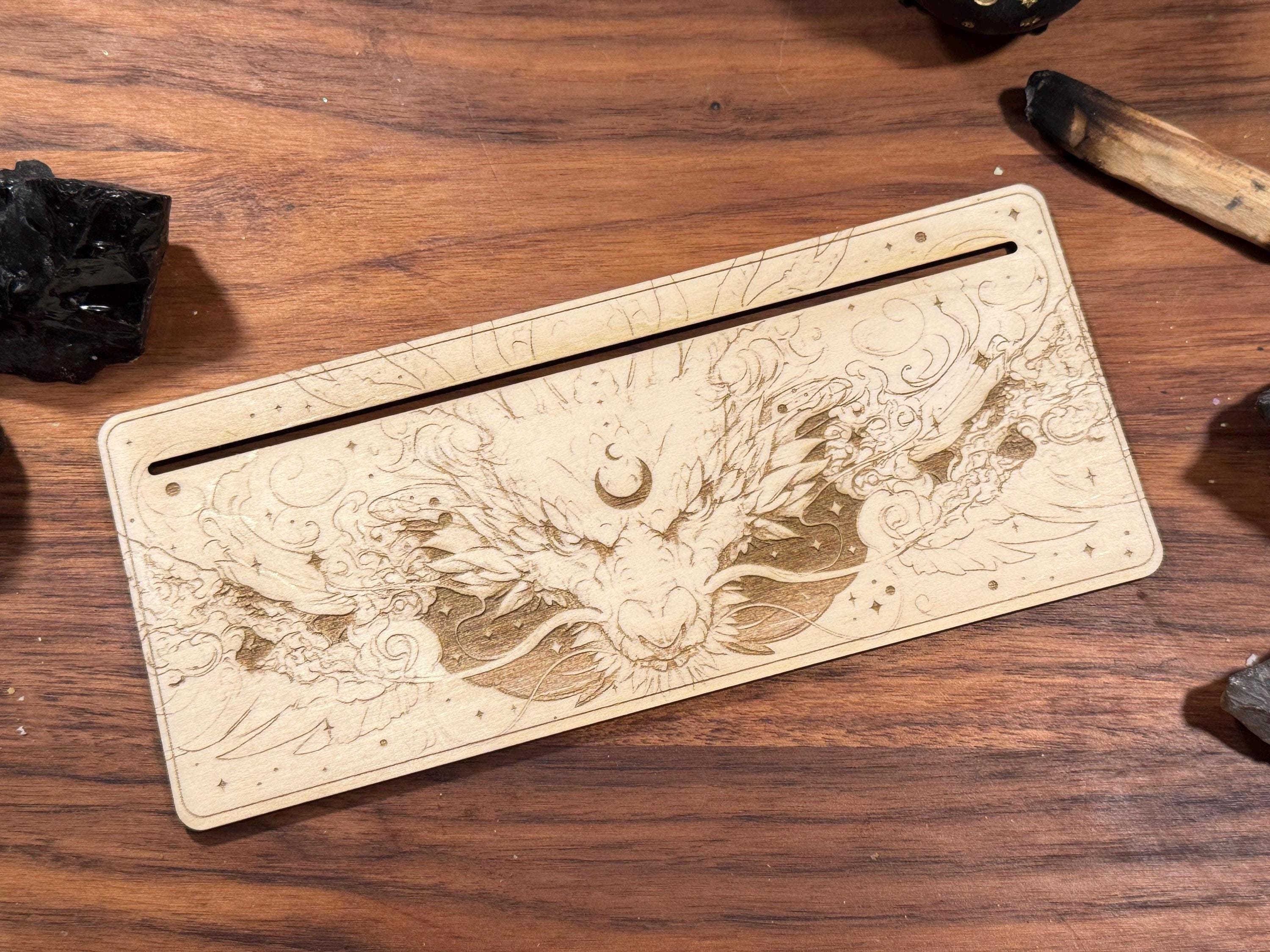 Mystic Dragon Tarot Card Stand – Wooden Engraved Tarot Display for 1-2 Cards, Oracle Card Holder, Card of the Day Stand, Altar Decor