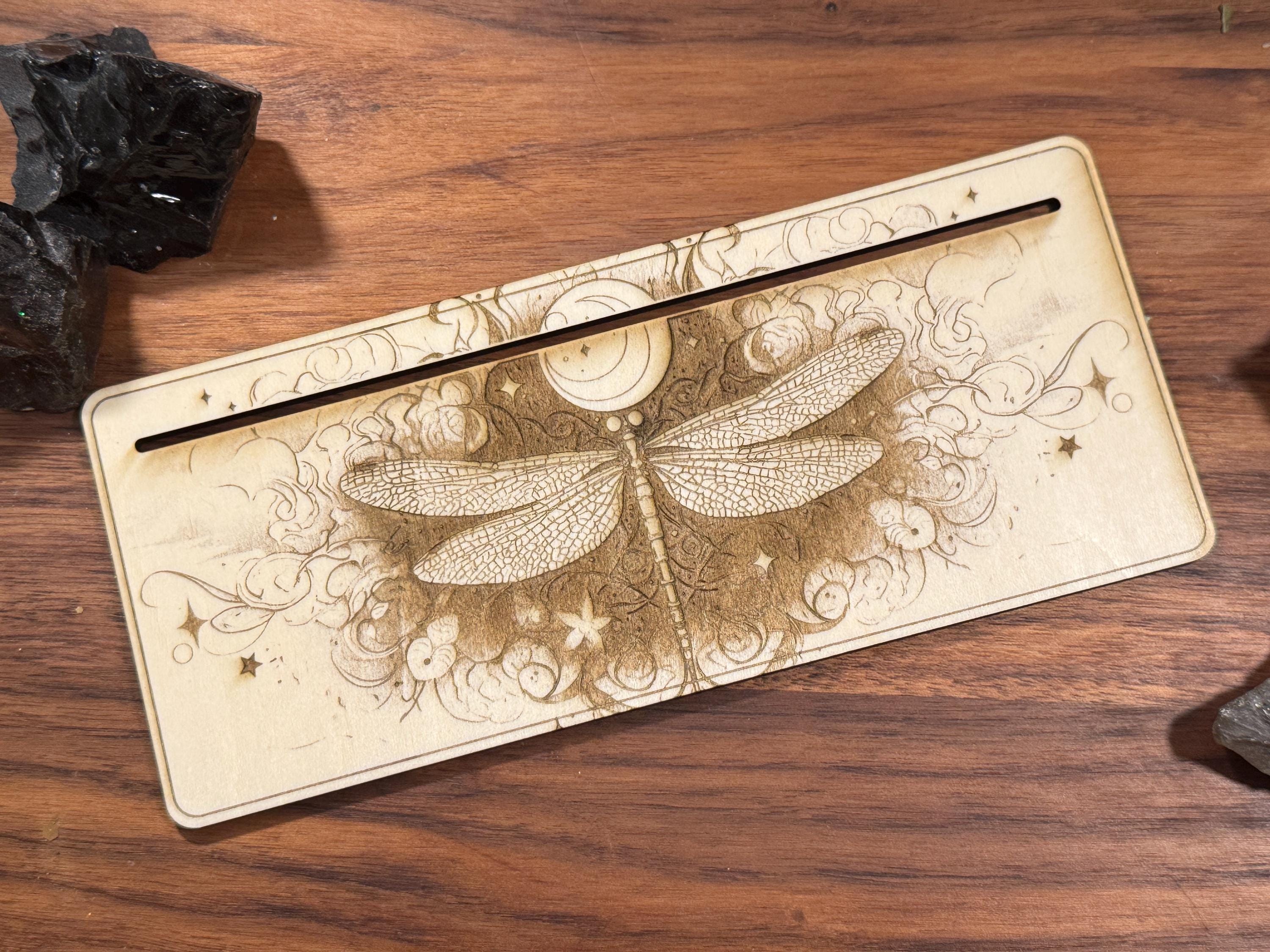Mystic Dragonfly Tarot Card Stand – Wooden Engraved Tarot Display for 1-2 Cards, Oracle Card Holder, Card of the Day Stand, Altar Decor