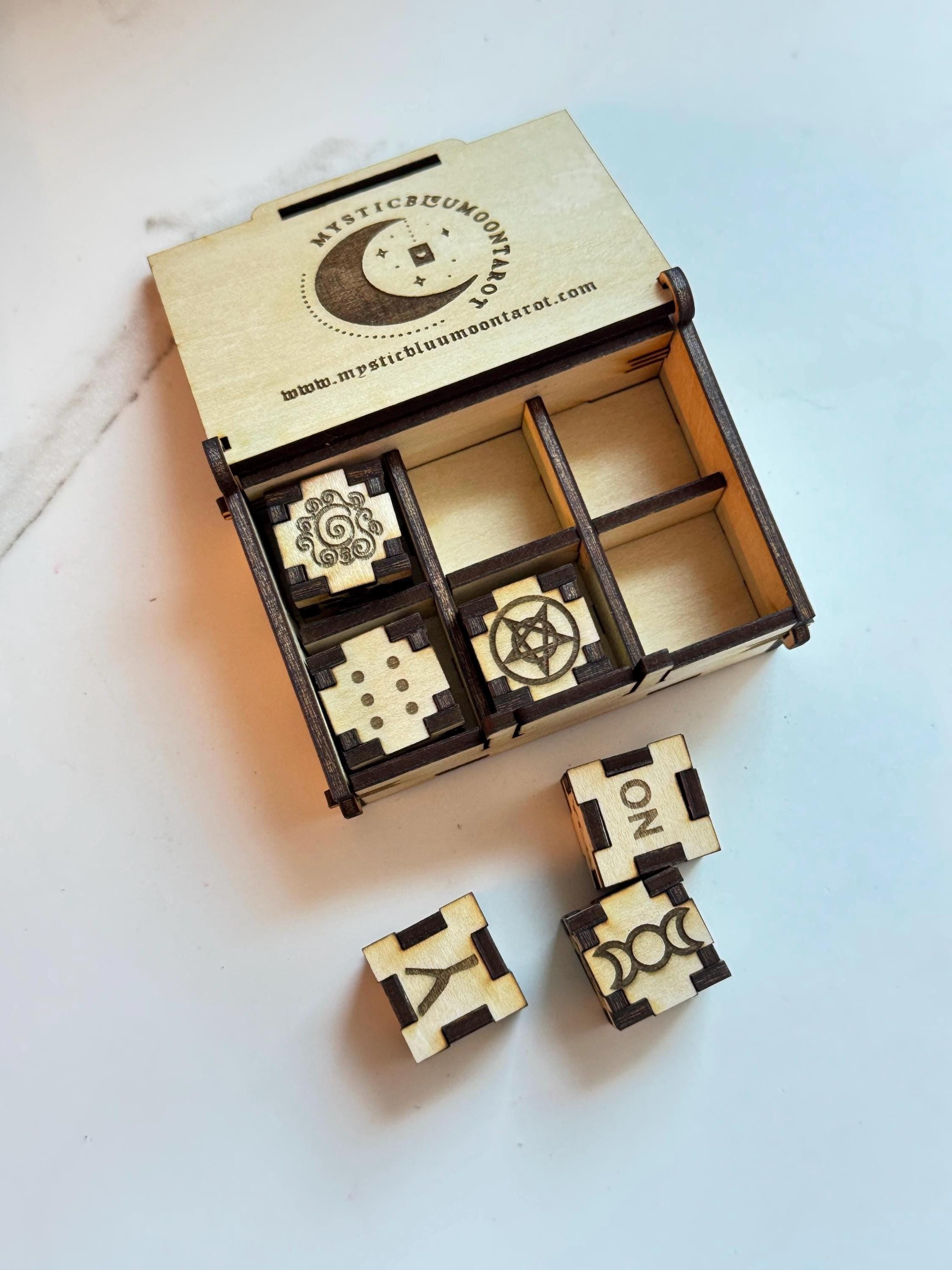 Wooden Witch’s Runes Divination Dice Set With Box, Numbers & Yes/No/Maybe, Laser Engraved Fortune Telling Tool, Altar Decor, Witch Gift