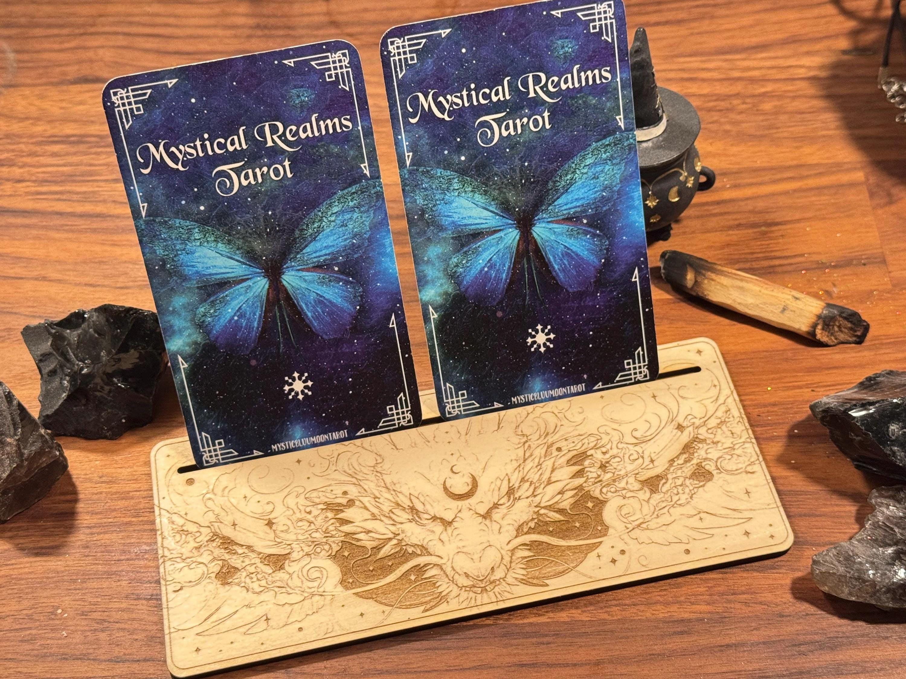 Mystic Dragon Tarot Card Stand – Wooden Engraved Tarot Display for 1-2 Cards, Oracle Card Holder, Card of the Day Stand, Altar Decor
