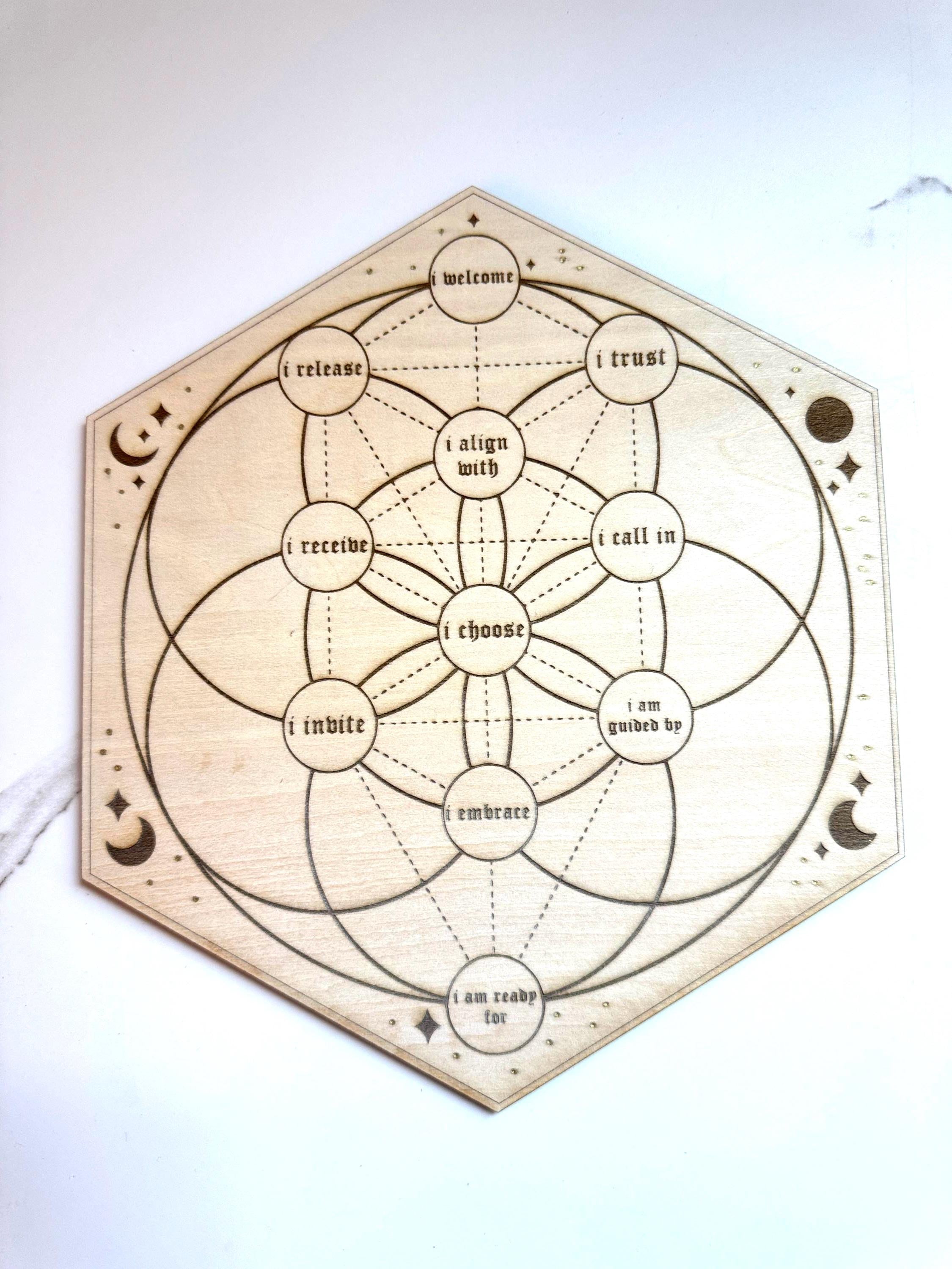 Manifestation Crystal Grid Board With 27 Crescent Moon Intention Tokens – Sacred Geometry, Shadow Work, Affirmation Tool, Altar Decor