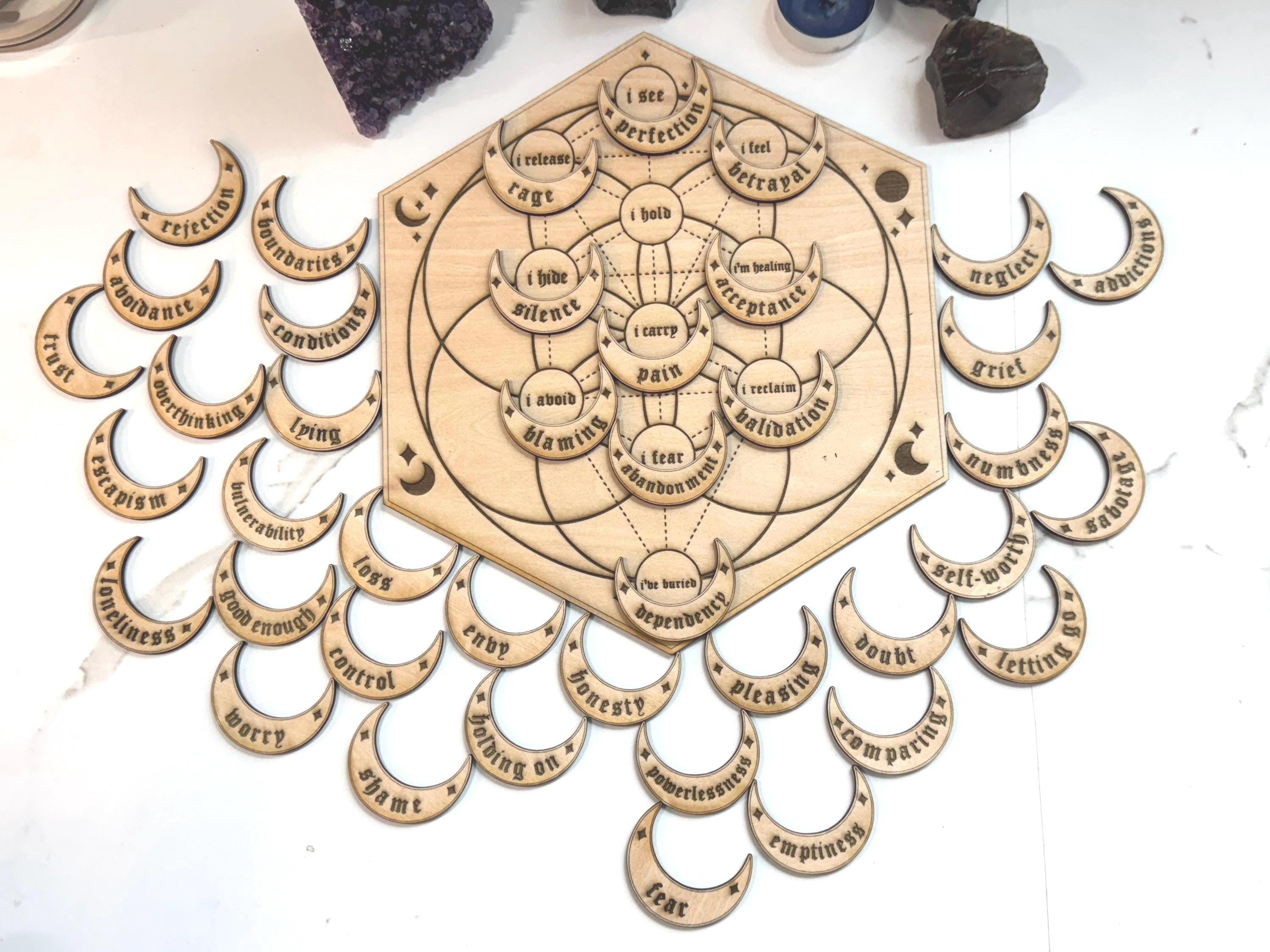 Manifestation Crystal Grid Board With 27 Crescent Moon Intention Tokens – Sacred Geometry, Shadow Work, Affirmation Tool, Altar Decor