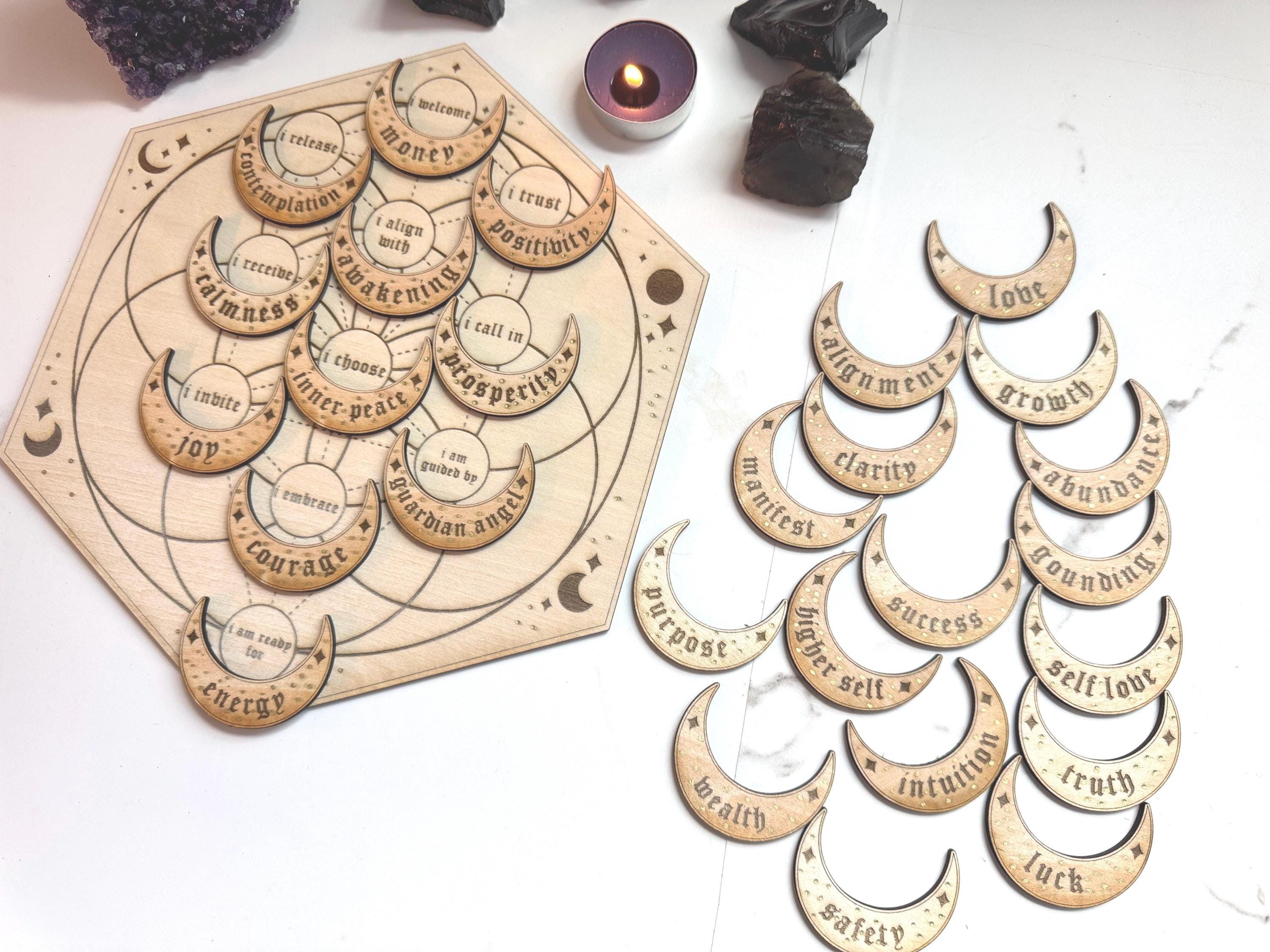 Manifestation Crystal Grid Board With 27 Crescent Moon Intention Tokens – Sacred Geometry, Shadow Work, Affirmation Tool, Altar Decor