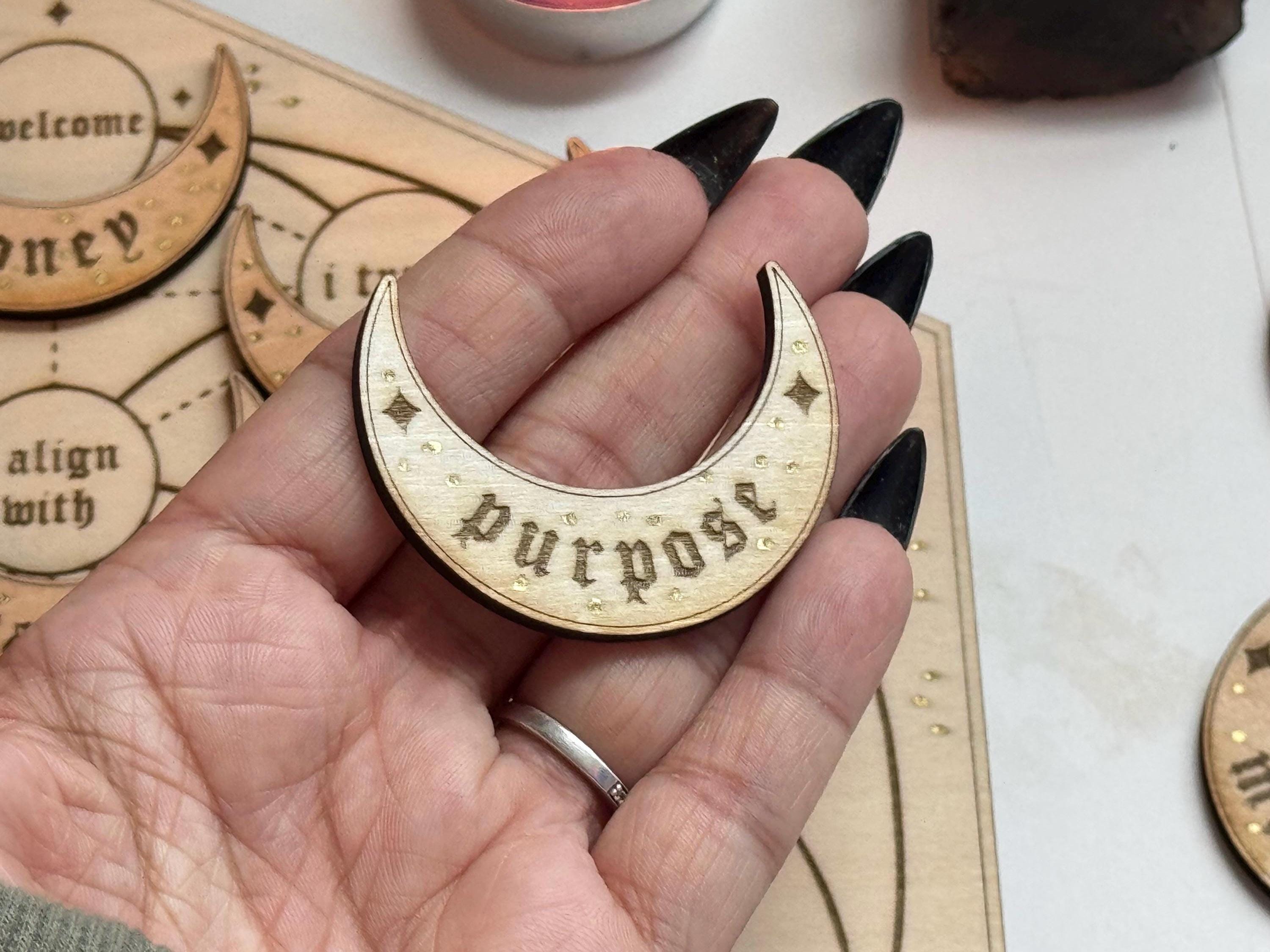 Manifestation Crystal Grid Board With 27 Crescent Moon Intention Tokens – Sacred Geometry, Shadow Work, Affirmation Tool, Altar Decor