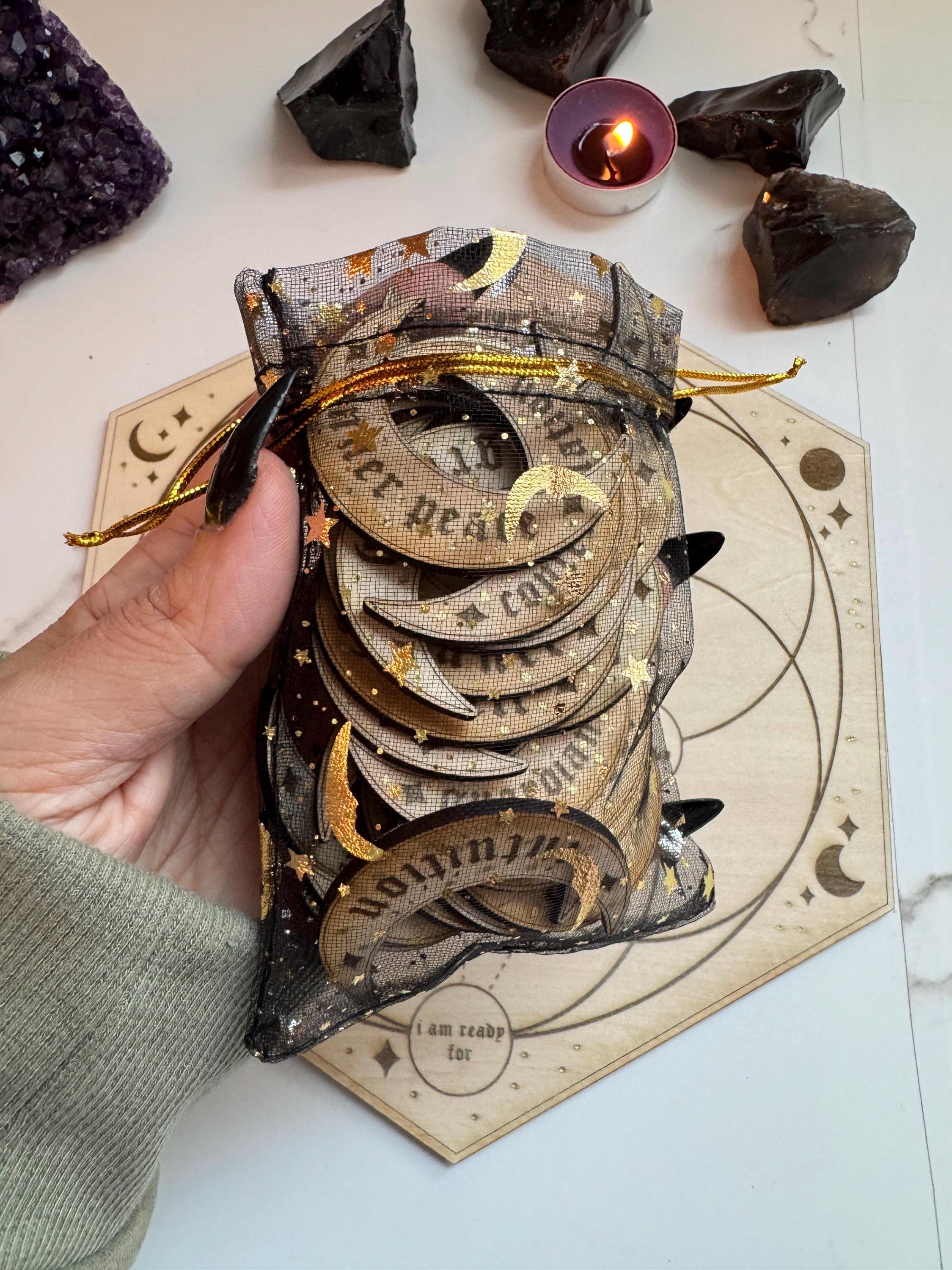 Manifestation Crystal Grid Board With 27 Crescent Moon Intention Tokens – Sacred Geometry, Shadow Work, Affirmation Tool, Altar Decor