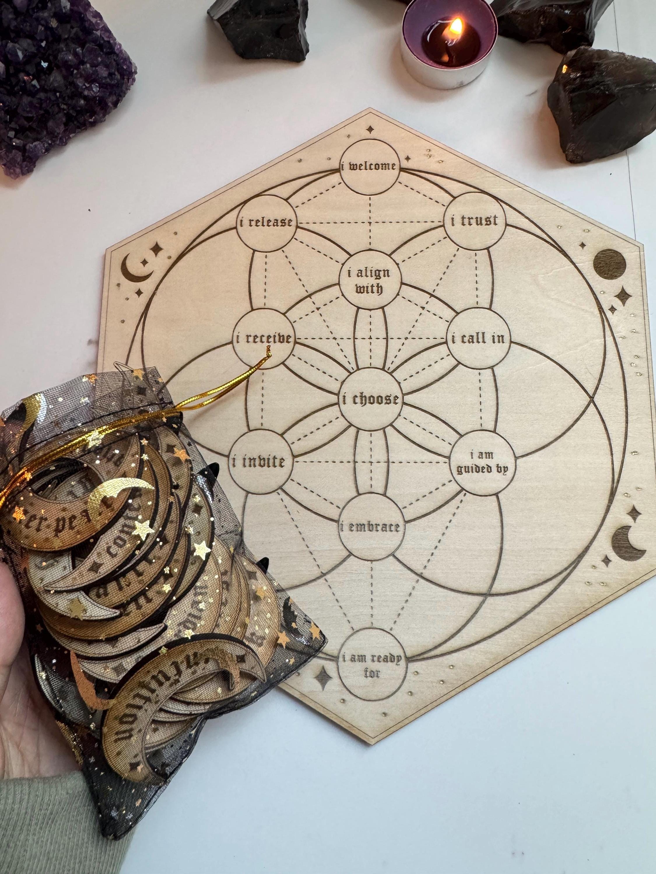 Manifestation Crystal Grid Board With 27 Crescent Moon Intention Tokens – Sacred Geometry, Shadow Work, Affirmation Tool, Altar Decor