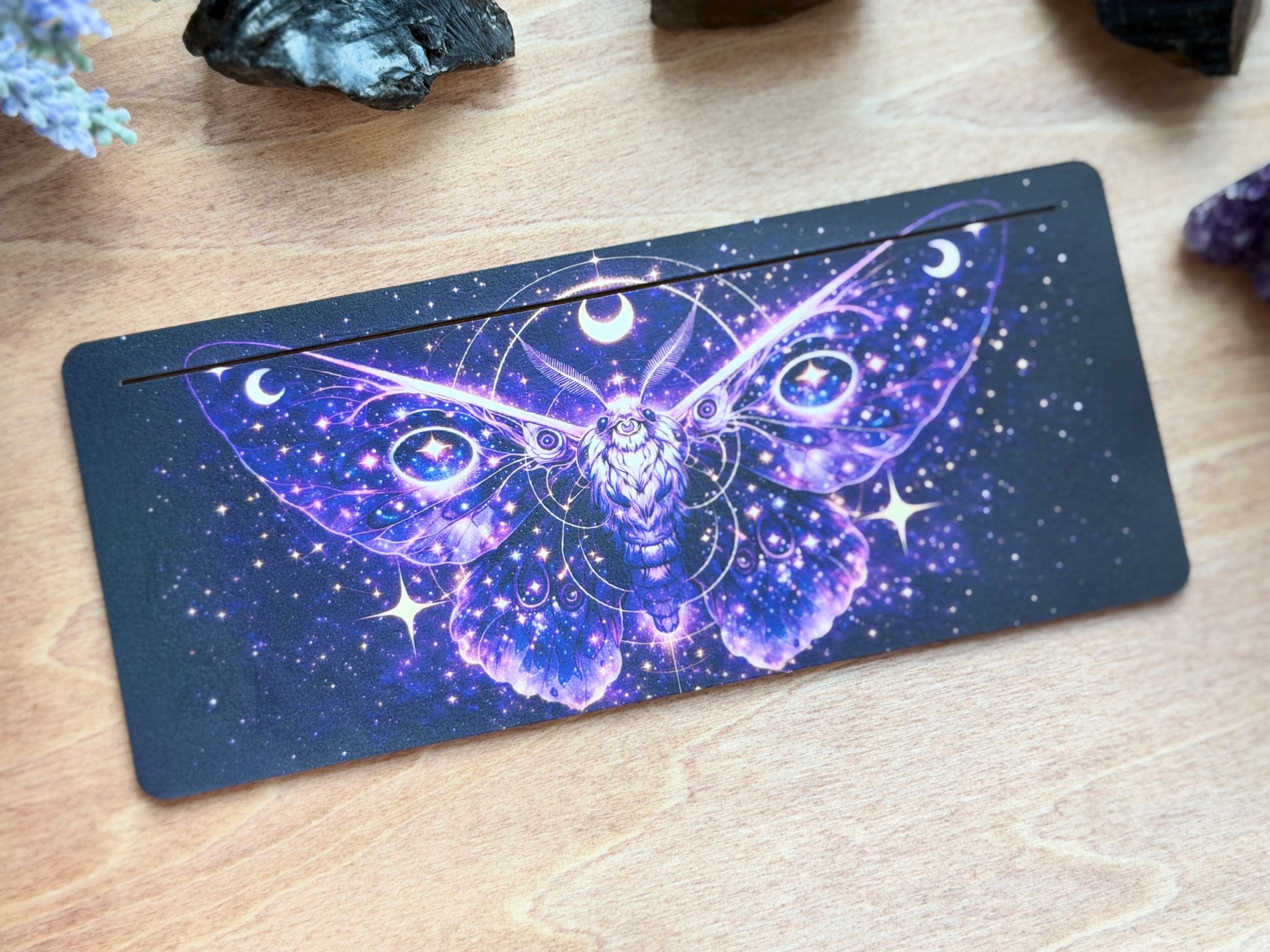 Mystic Moth Tarot Card Stand – UV Printed Wooden Altar Holder (Daily Pulls)