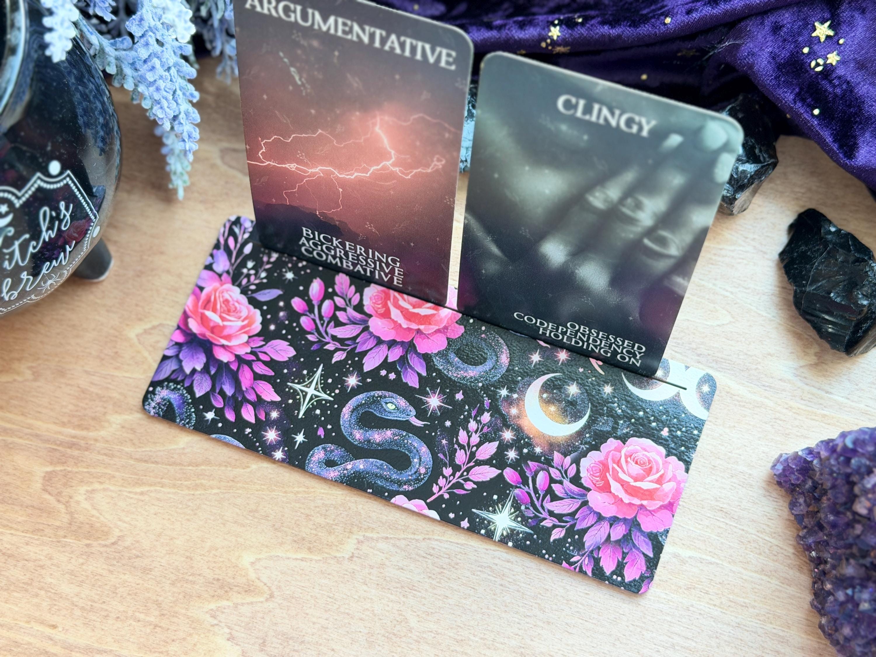 Celestial Snake Tarot Card Stand – UV Printed Wood Altar Display (Daily Pulls)