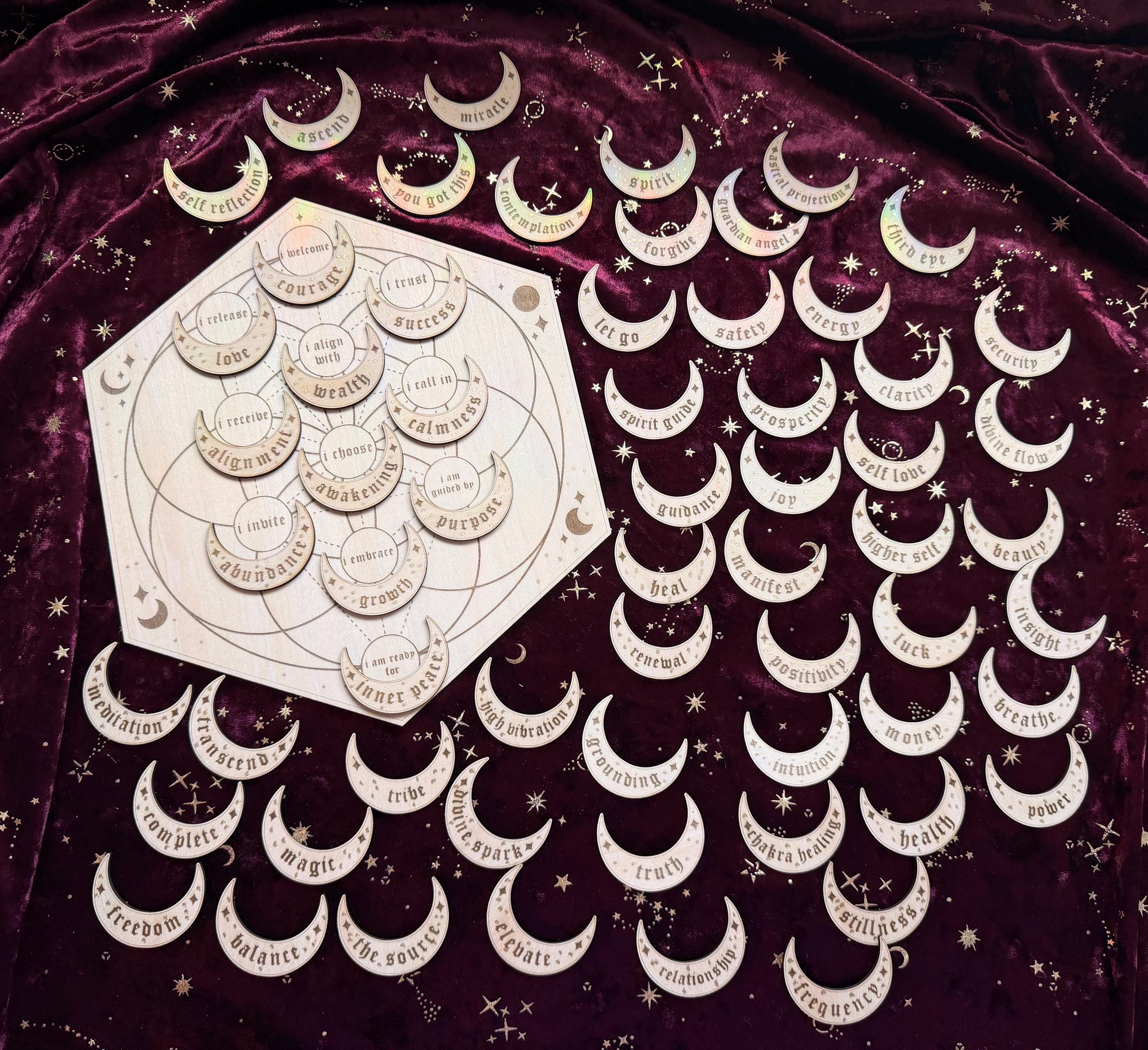 Manifestation Crystal Grid Board With 27 Crescent Moon Intention Tokens – Sacred Geometry, Shadow Work, Affirmation Tool, Altar Decor