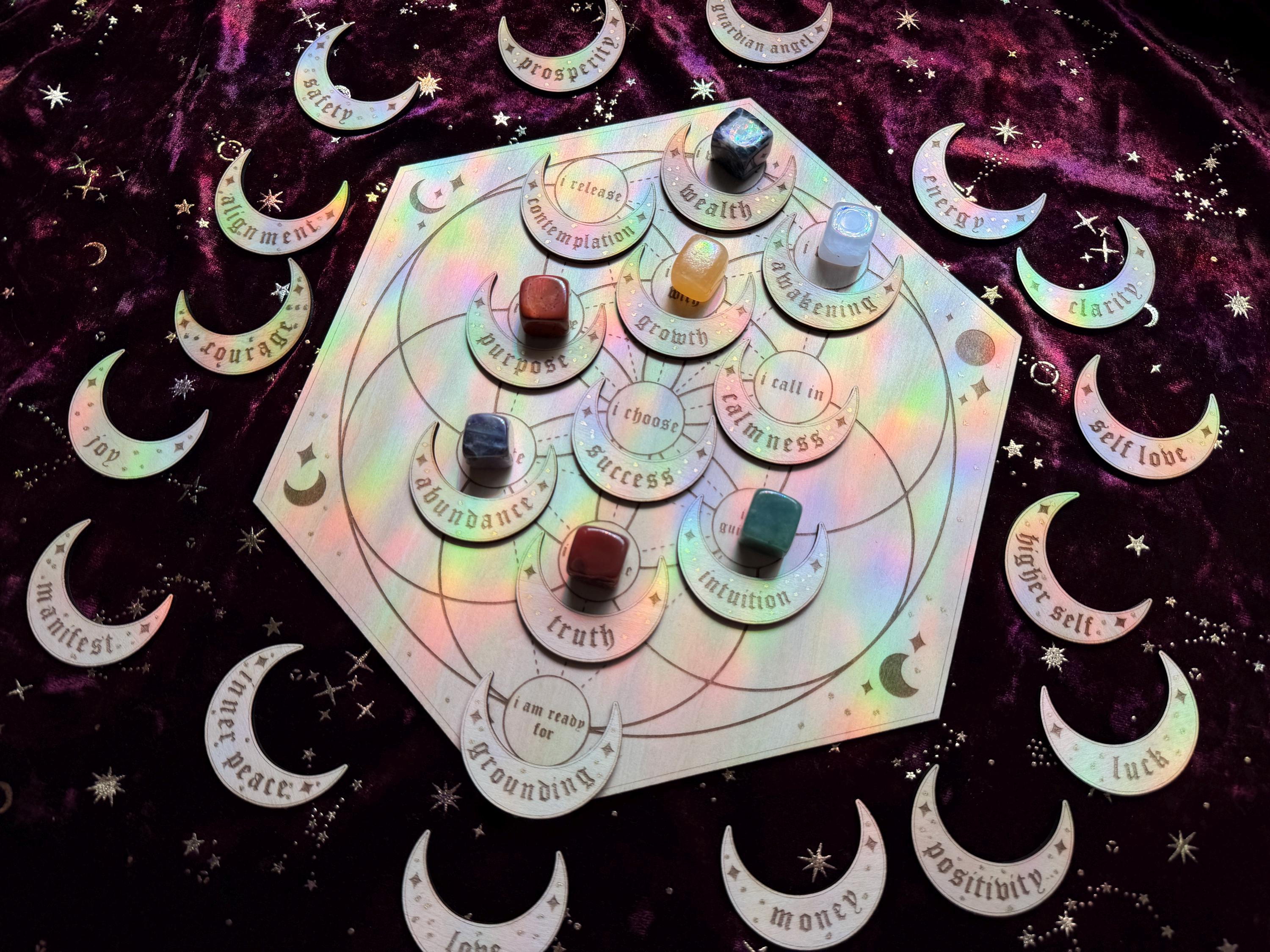 Manifestation Crystal Grid Board With 27 Crescent Moon Intention Tokens – Sacred Geometry, Shadow Work, Affirmation Tool, Altar Decor