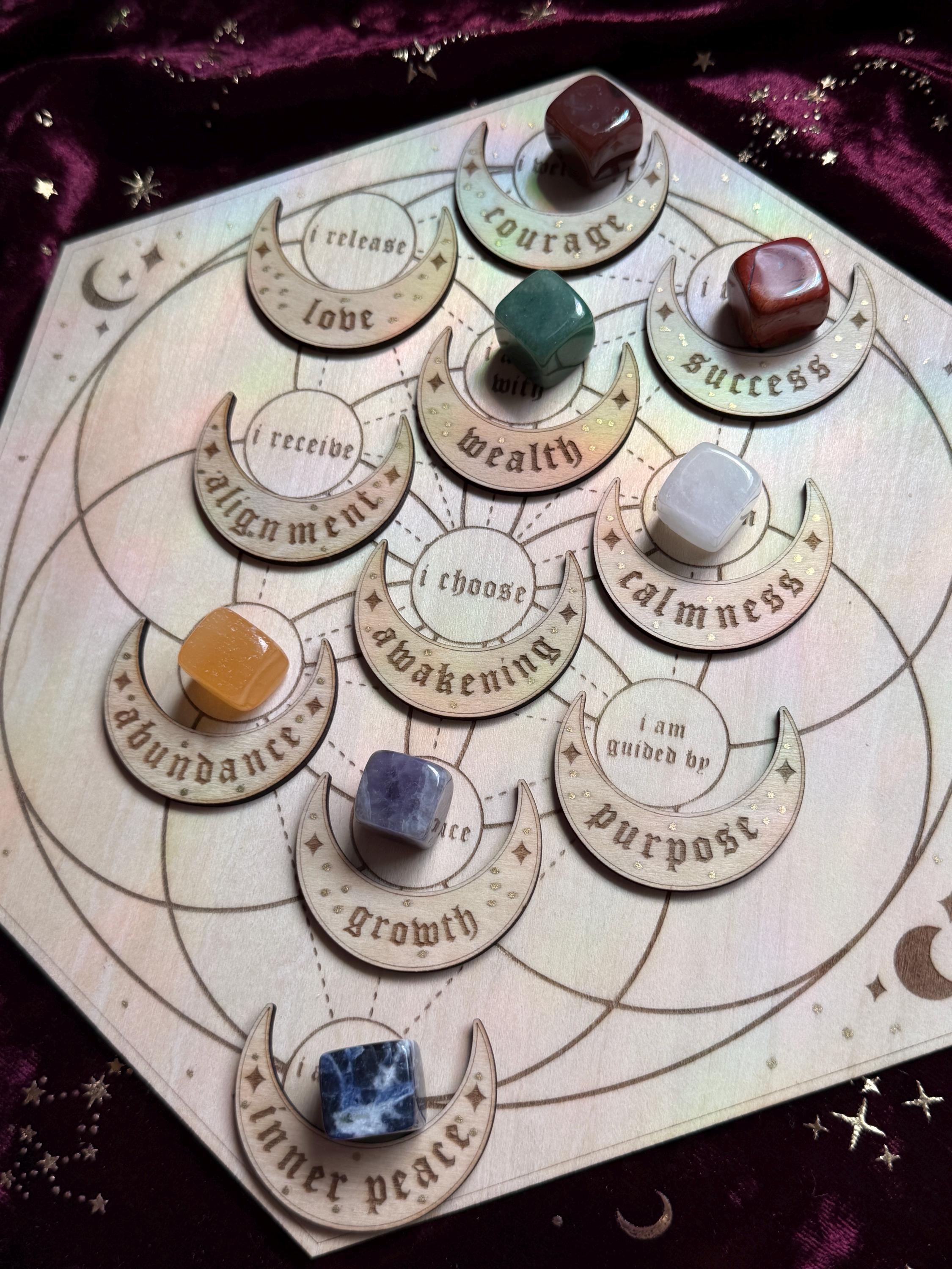 Manifestation Crystal Grid Board With 27 Crescent Moon Intention Tokens – Sacred Geometry, Shadow Work, Affirmation Tool, Altar Decor