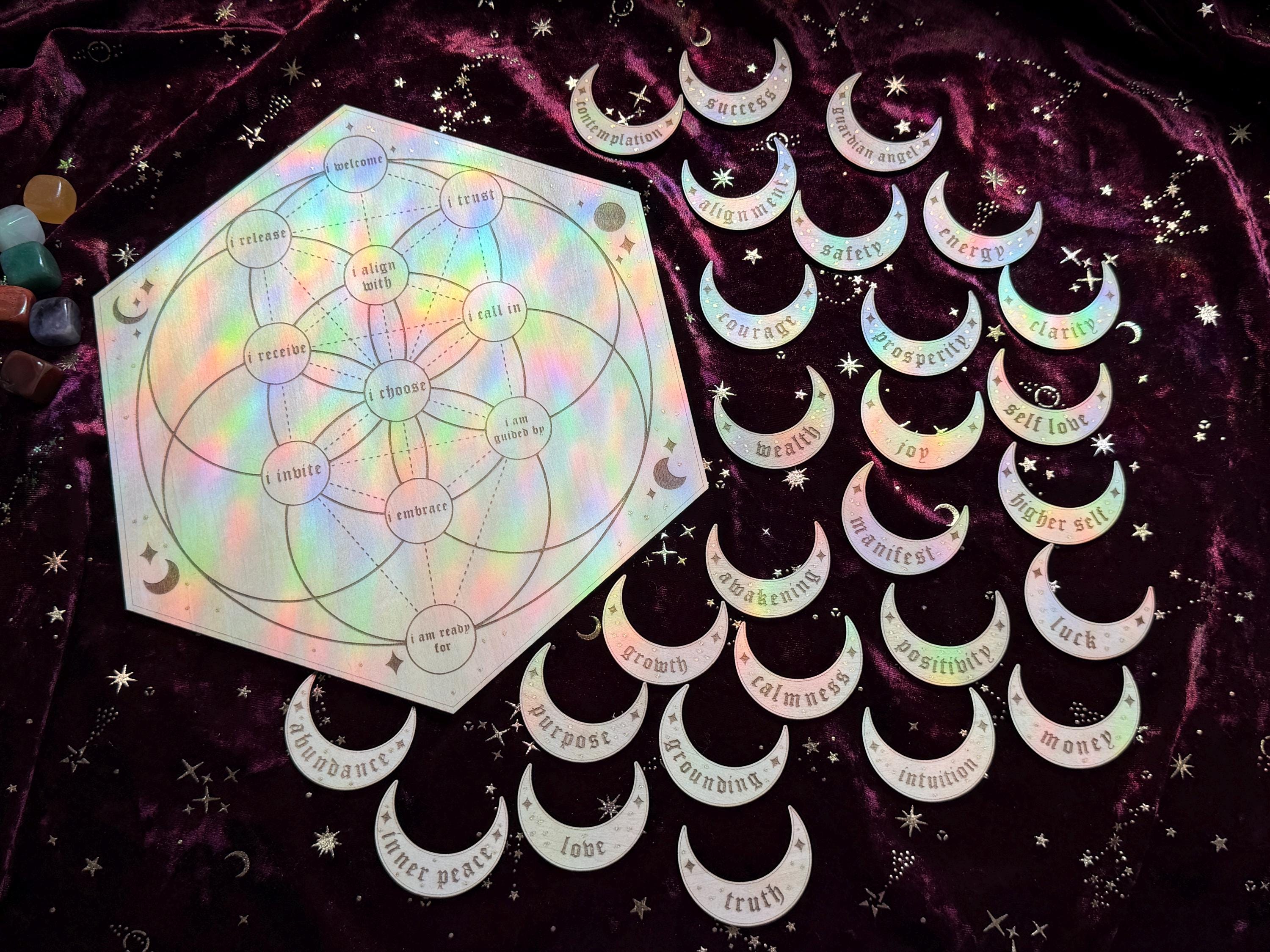 Manifestation Crystal Grid Board With 27 Crescent Moon Intention Tokens – Sacred Geometry, Shadow Work, Affirmation Tool, Altar Decor