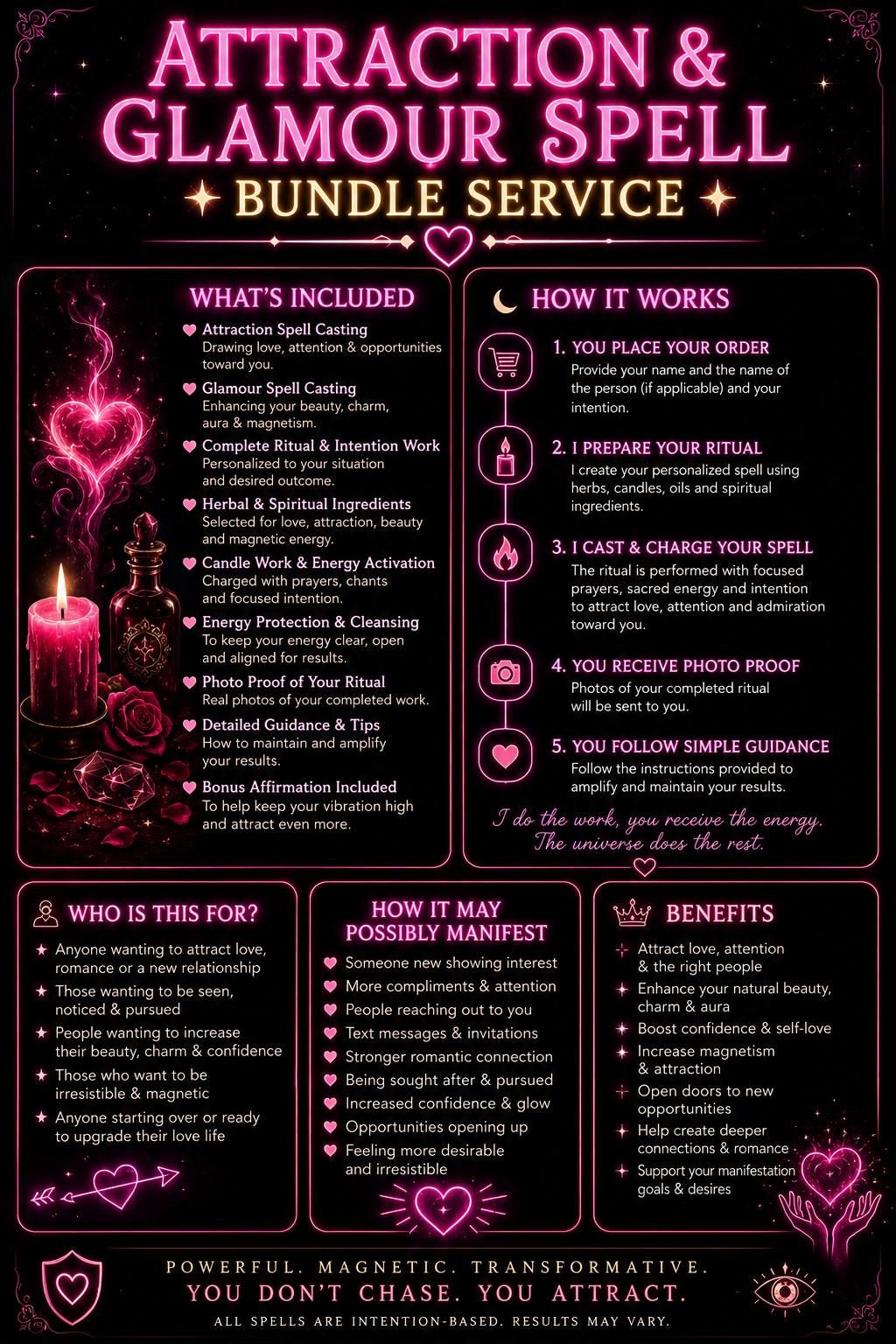 Attraction & Glamour Spell Bundle | Love Attraction, Beauty, Confidence, Magnetic Energy Ritual Casting