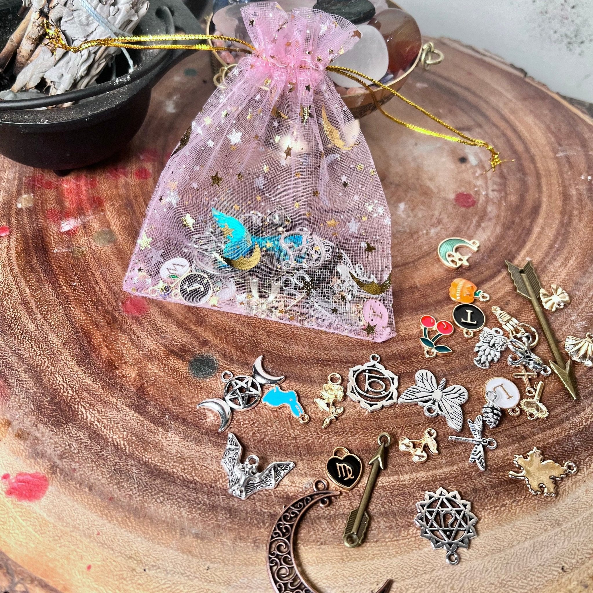 50 Divination Charms | Lucky Dip Mystery Charm Casting | Charm Confetti Scoop Witch's Brew Silver Gold Enamel | Zodiac & Letters - MysticBluuMoonTarot