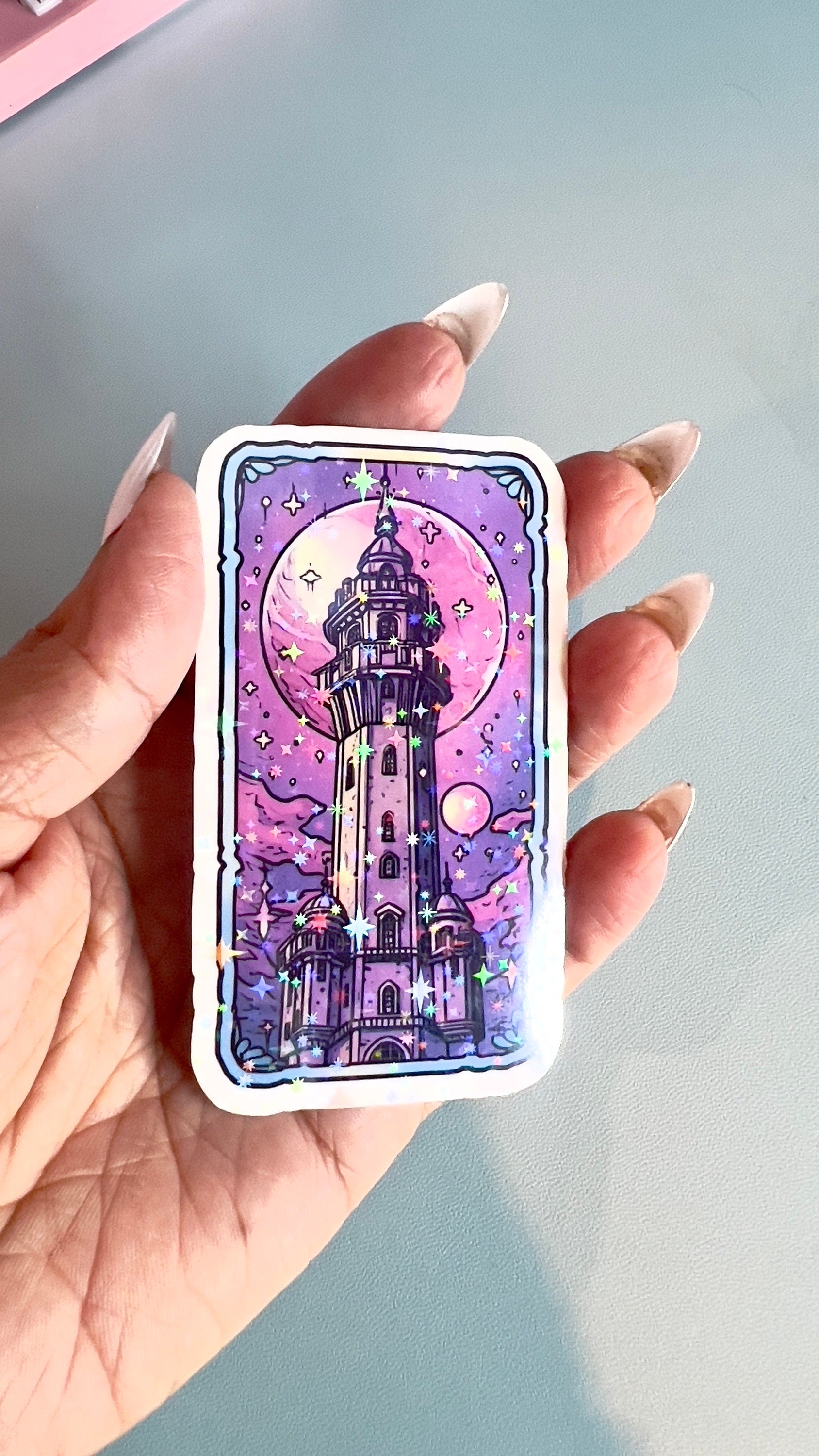 The Tower Tarot Sticker, booktok, journal, witchy sticker, kindle decor cover, moon stars, laptop, tablet, phone case, pastel mystic,