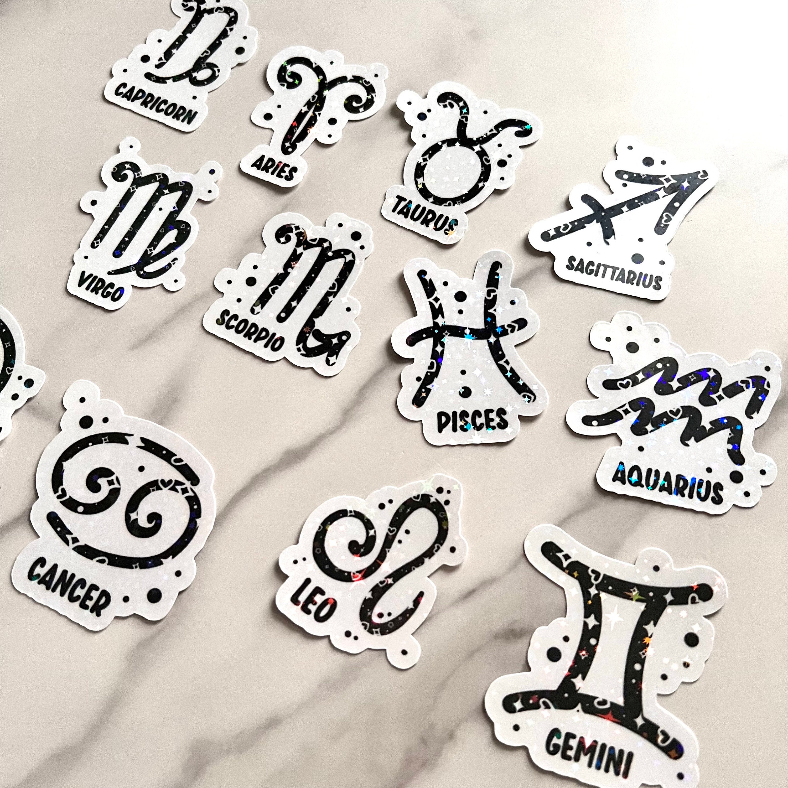 Zodiac Sticker Holographic 12 Star Sign, Black Vinyl, Witchy Tarot Horoscope, kindle stickers, laptop, die cut one piece sticker