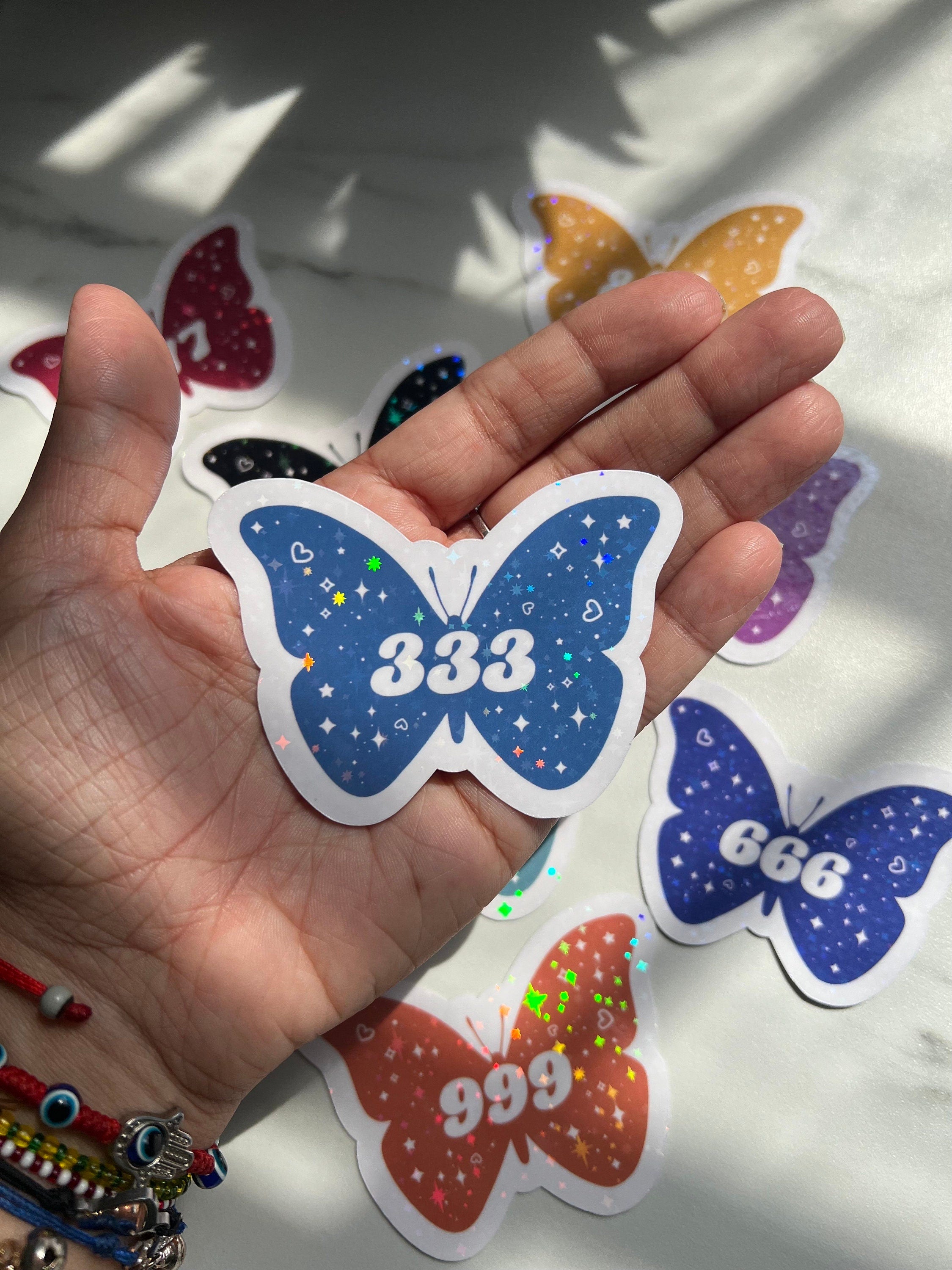 Angel Numbers Holographic Stickers Butterfly, Vinyl, Witchy Tarot Meaning, kindle stickers, laptop, die cut one piece sticker