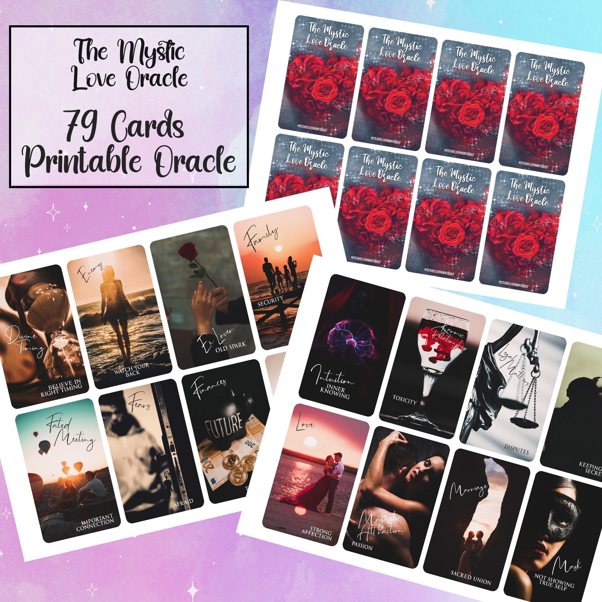 Mystic Love Oracle Printable Oracle Deck - Digital File 79 Cards - Twin Flame Deck - Tarot - INSTANT DOWNLOAD - MysticBluuMoonTarot
