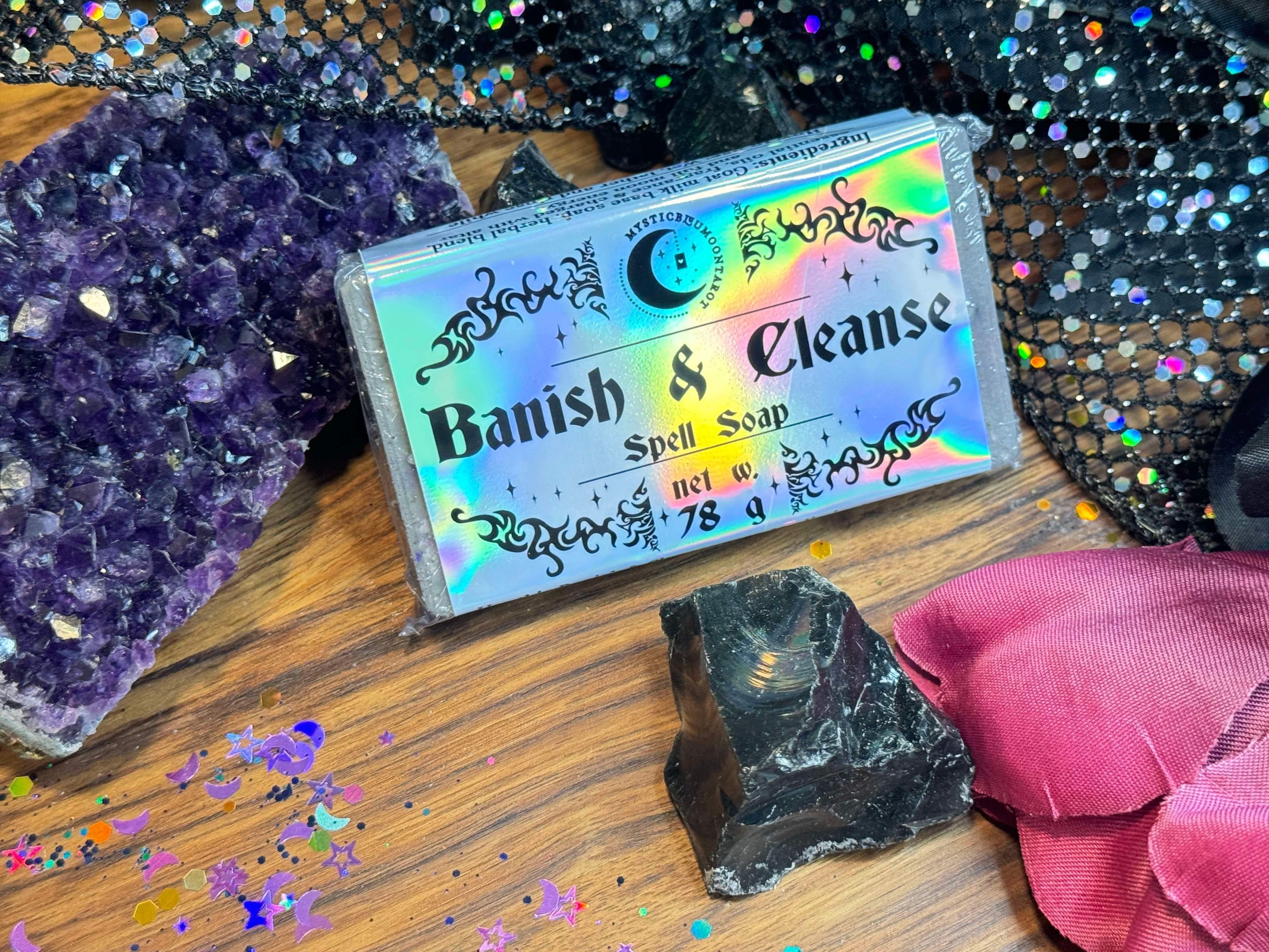 Handcrafted Banish and Cleanse Spell Soap made with organic goat milk and infused with natural herbs and essential oils for aura cleansing and spiritual protection. Ideal for daily use or spiritual rituals to remove negative energy and restore balance.