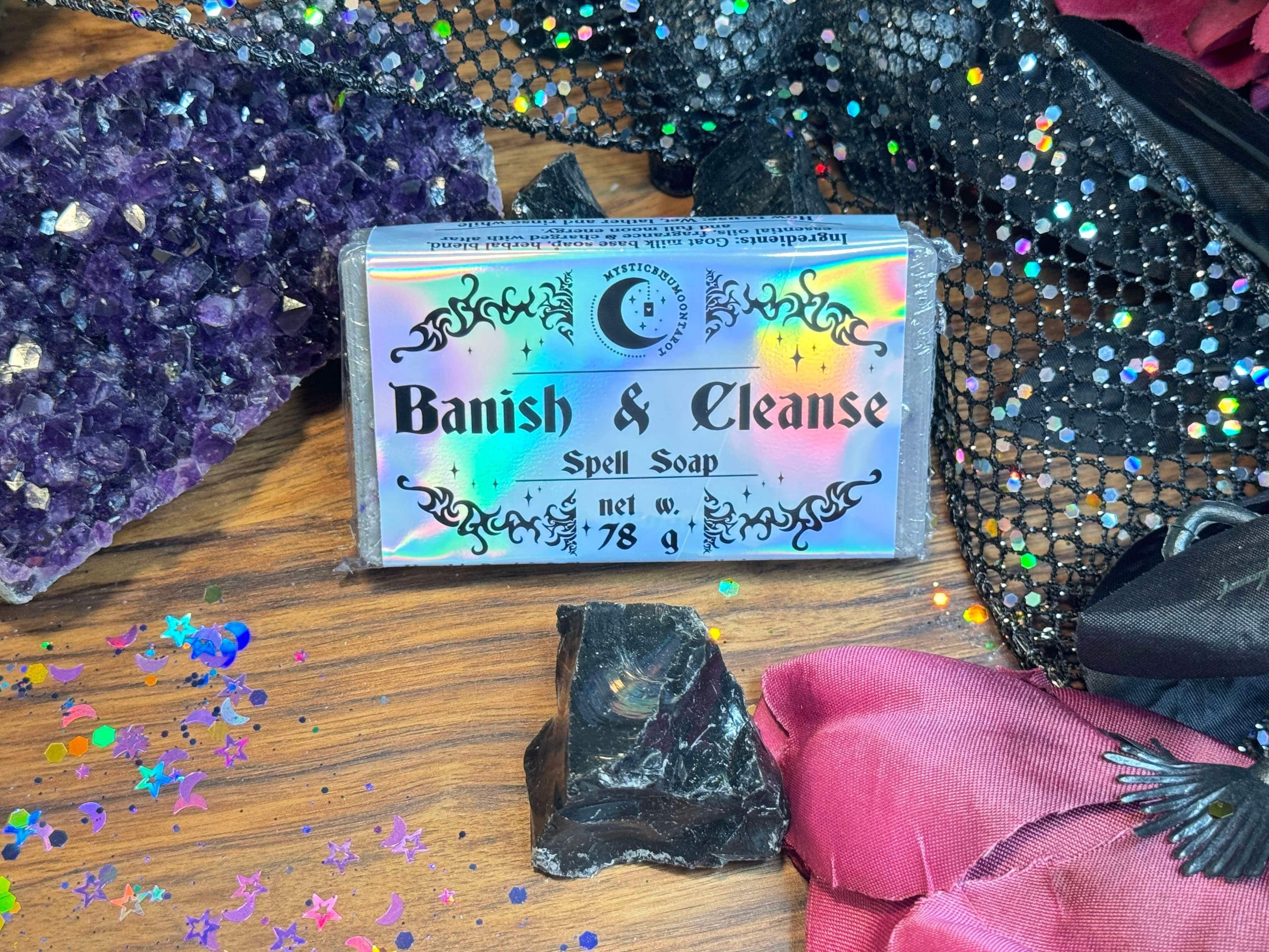 Handcrafted Banish and Cleanse Spell Soap made with organic goat milk and infused with natural herbs and essential oils for aura cleansing and spiritual protection. Ideal for daily use or spiritual rituals to remove negative energy and restore balance.