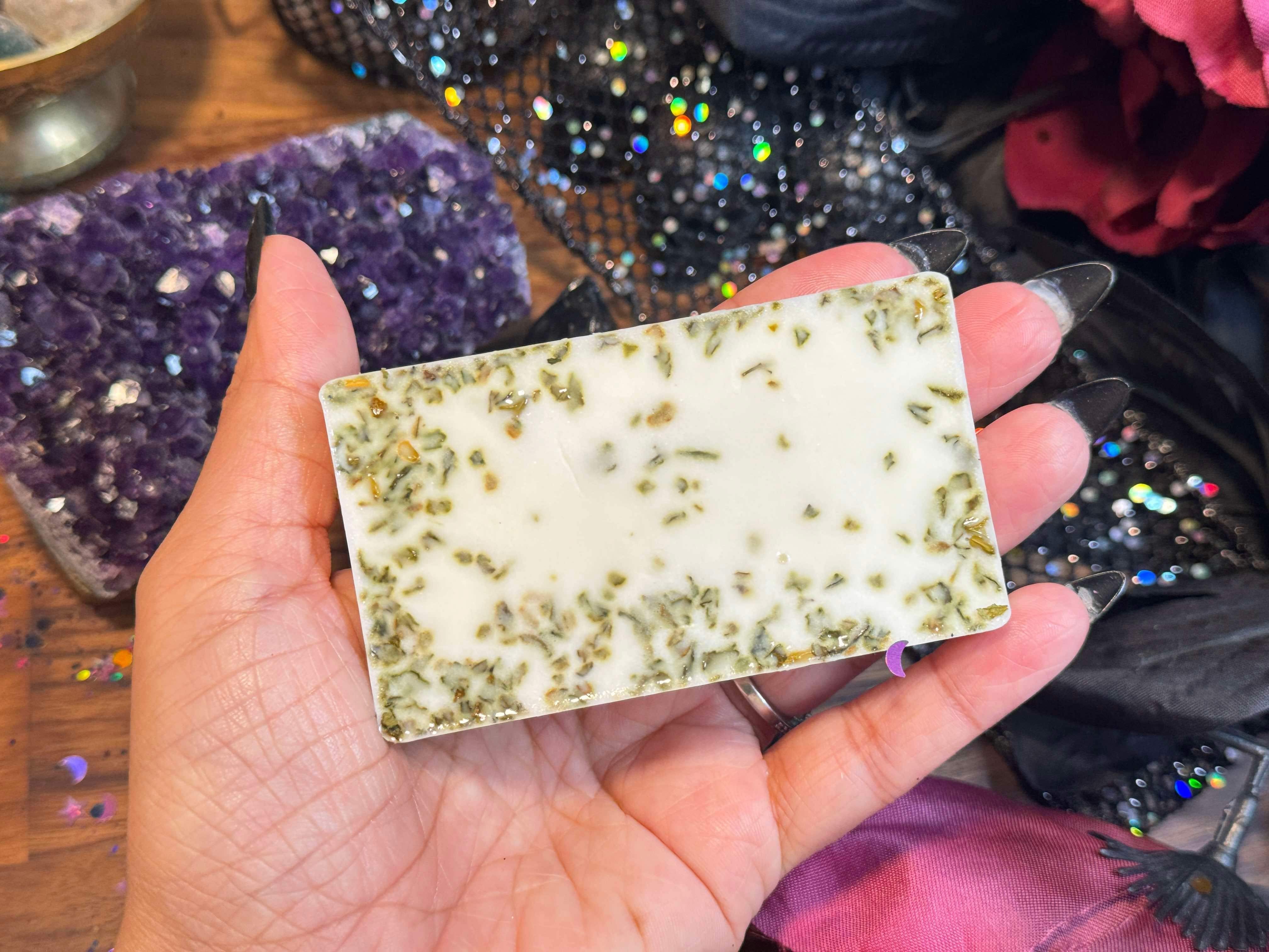 Handcrafted Banish and Cleanse Spell Soap made with organic goat milk and infused with natural herbs and essential oils for aura cleansing and spiritual protection. Ideal for daily use or spiritual rituals to remove negative energy and restore balance.