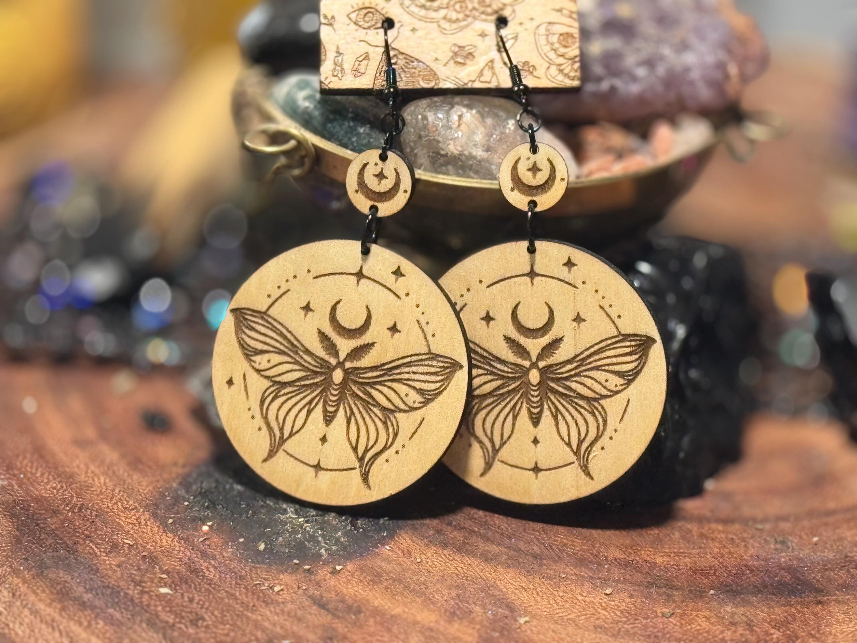 Handmade Boho Mystic Moth Earrings with Crescent Moon – Witchy Jewelry