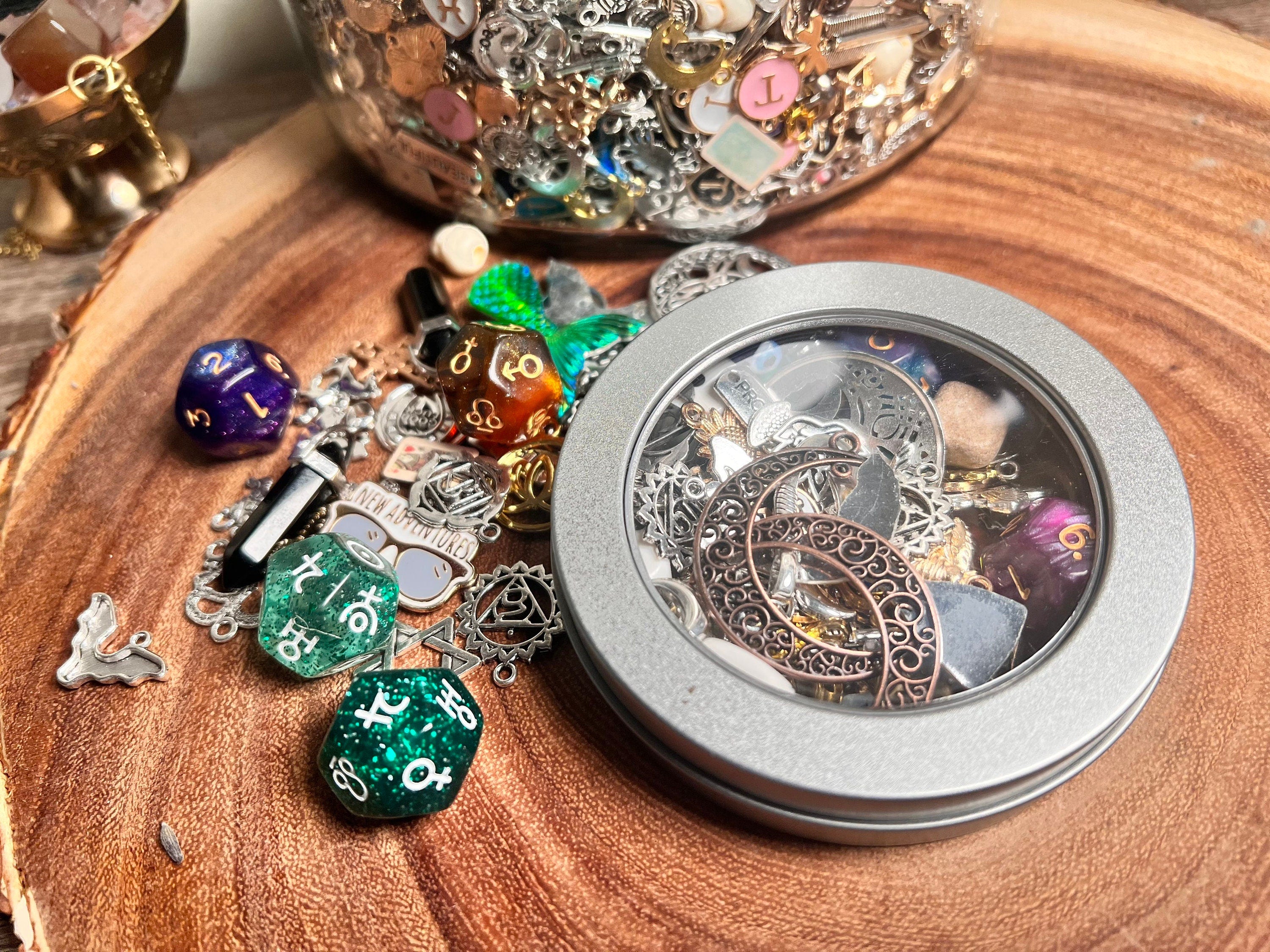 Divination Charm Confetti Scoop | Tin Window 100+ Items | Lucky Dip Mystery Divination | Witch Kit Readings Silver Gold Enamel Zodiac