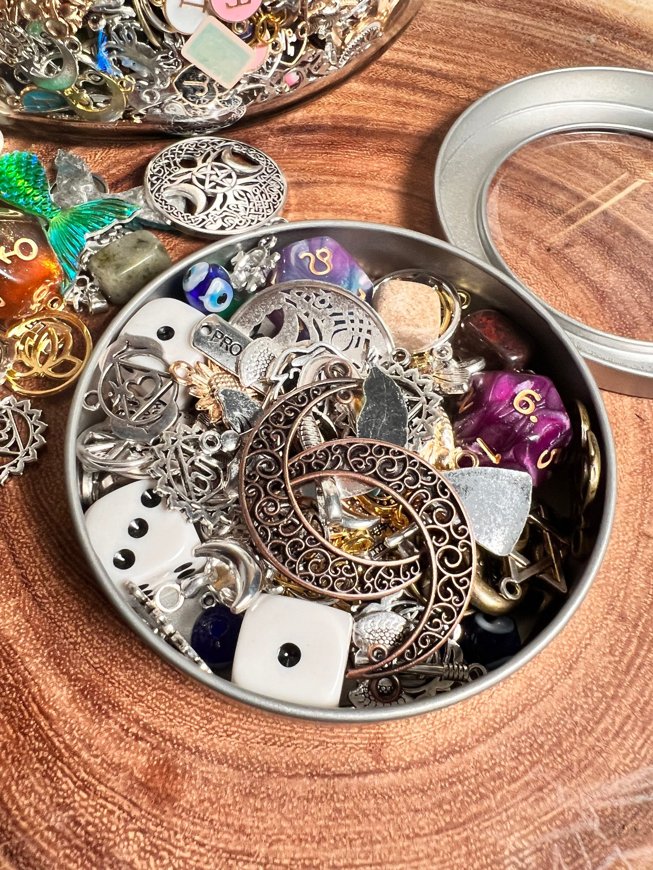 Divination Charm Confetti Scoop | Tin Window 100+ Items | Lucky Dip Mystery Divination | Witch Kit Readings Silver Gold Enamel Zodiac