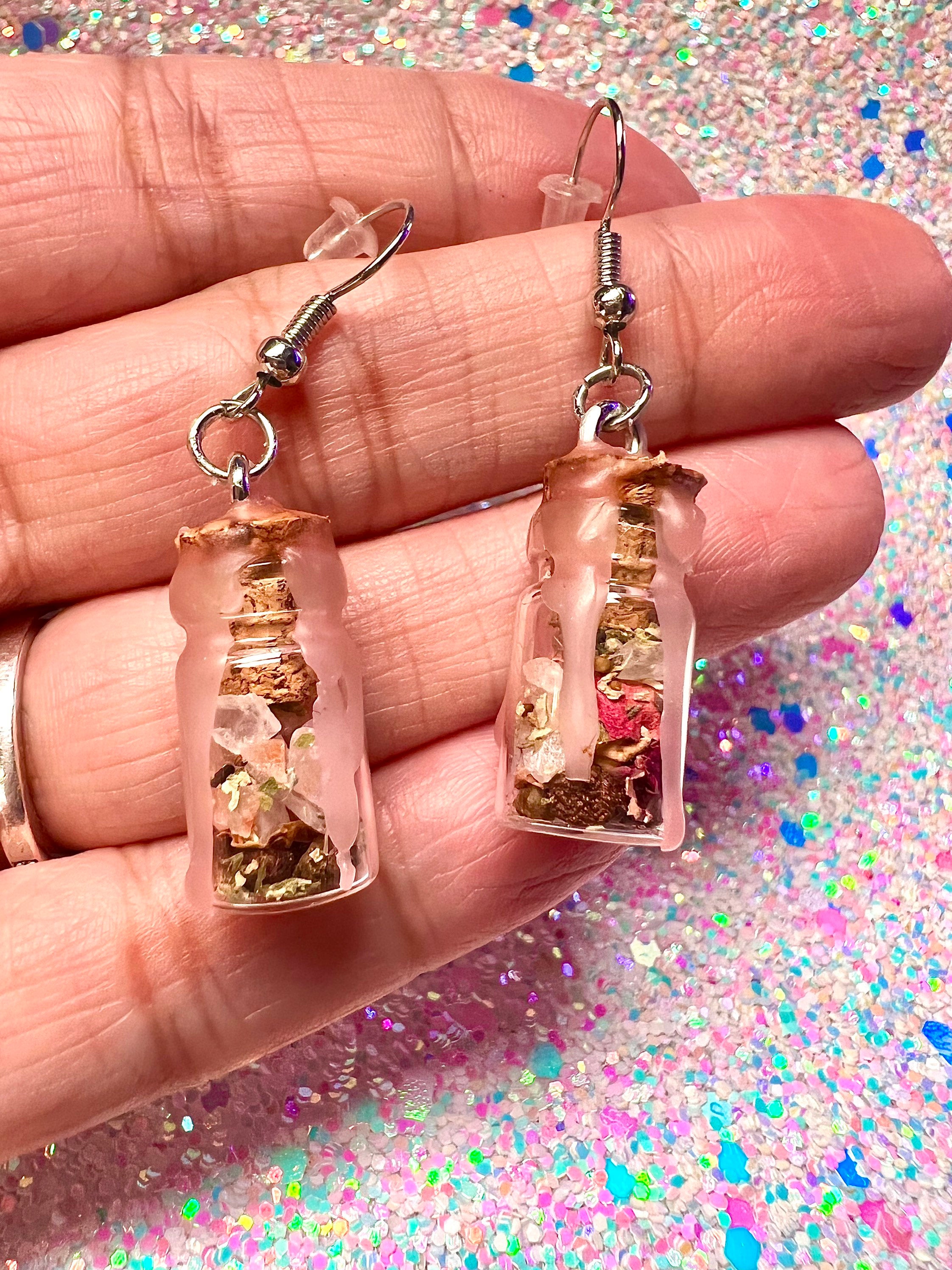 Protection Jar Spell Vial Earrings | Witch Bottle Earrings, Wish Bottles For Protecting Your Aura And Energy | Intention Spiritual Jewelry