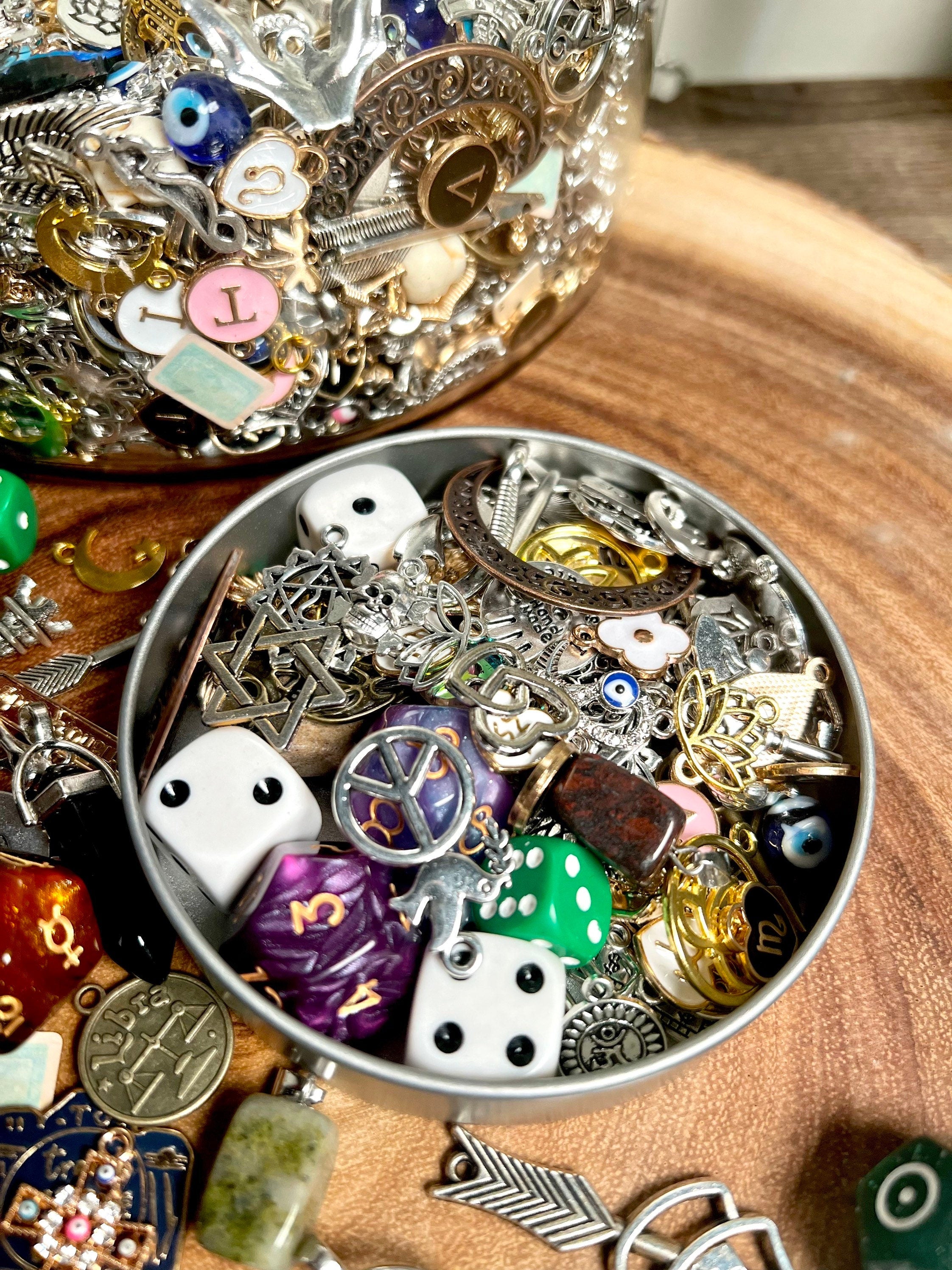 Divination Charm Confetti Scoop | Tin Window 100+ Items | Lucky Dip Mystery Divination | Witch Kit Readings Silver Gold Enamel Zodiac