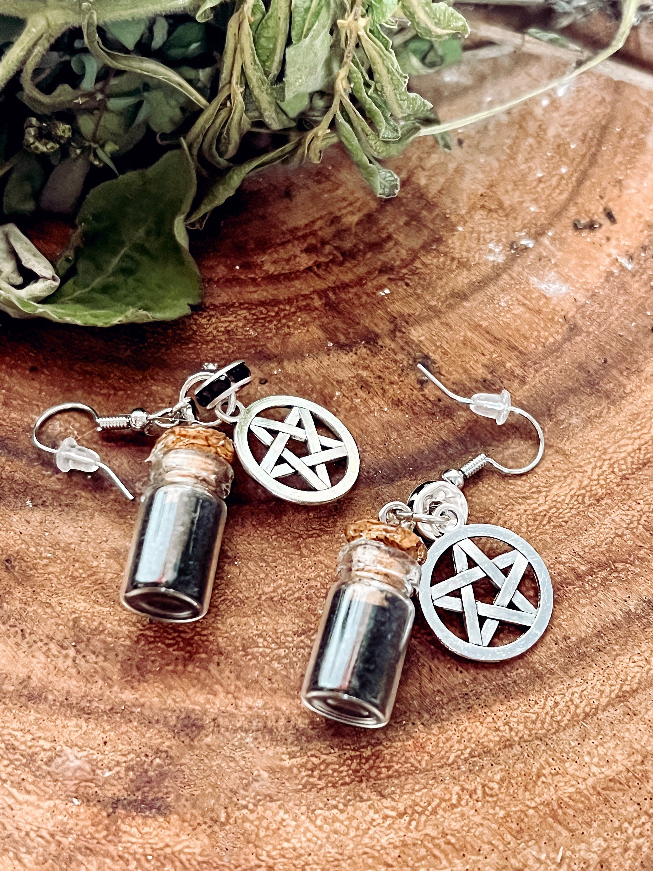 Protection Spell Jar Earrings - Banish Negative Energy - Witch Black Salt - Black Obsidian Crysta Spiritual Jewelry