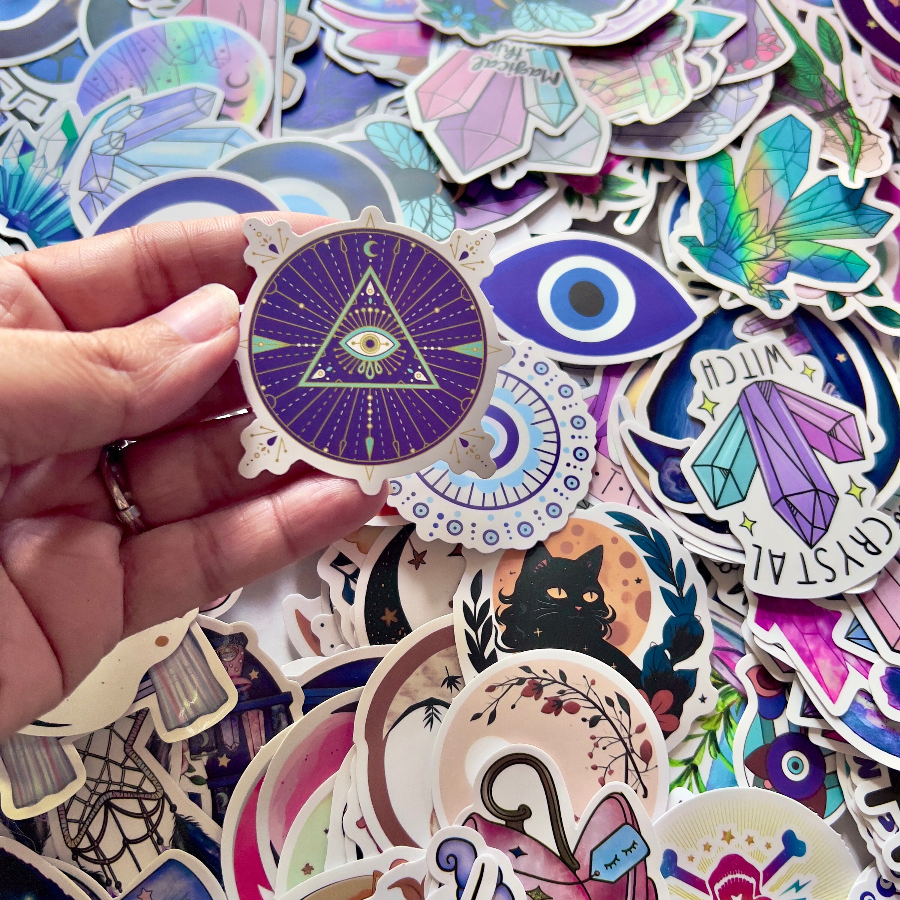 Witchy Stickers, Spiritual Confetti Stickers, Crystals, Black Cat, Boho Aesthetic, Mystery Evil Eye Moon Stars, Tarot Card Stickers