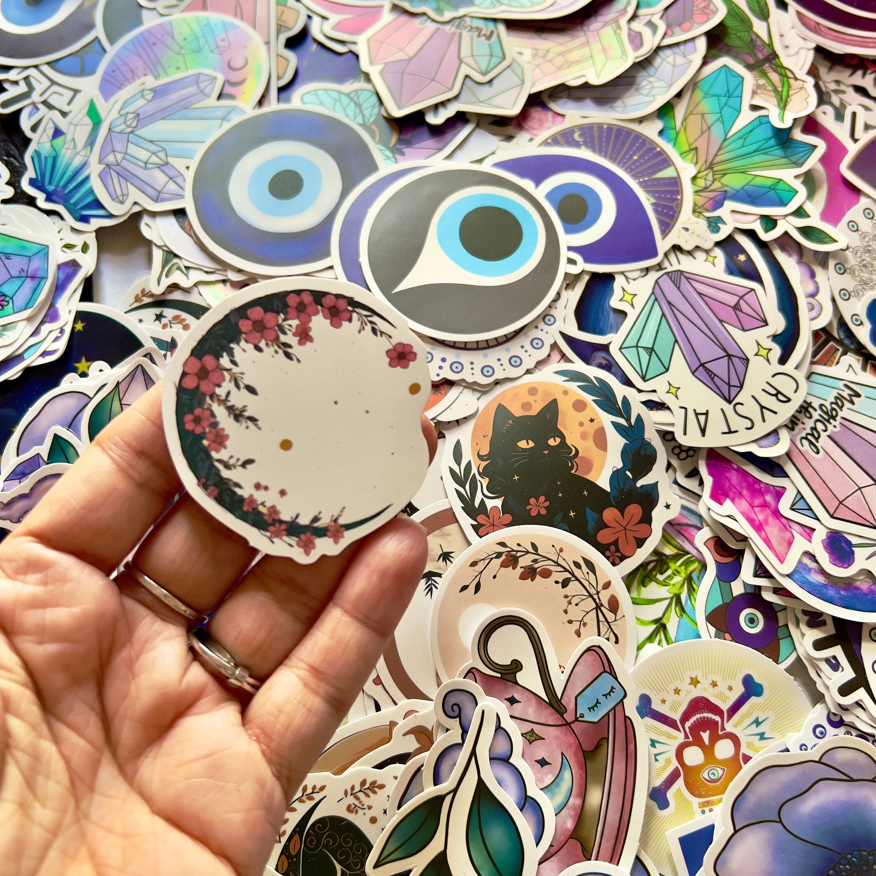 Witchy Stickers, Spiritual Confetti Stickers, Crystals, Black Cat, Boho Aesthetic, Mystery Evil Eye Moon Stars, Tarot Card Stickers