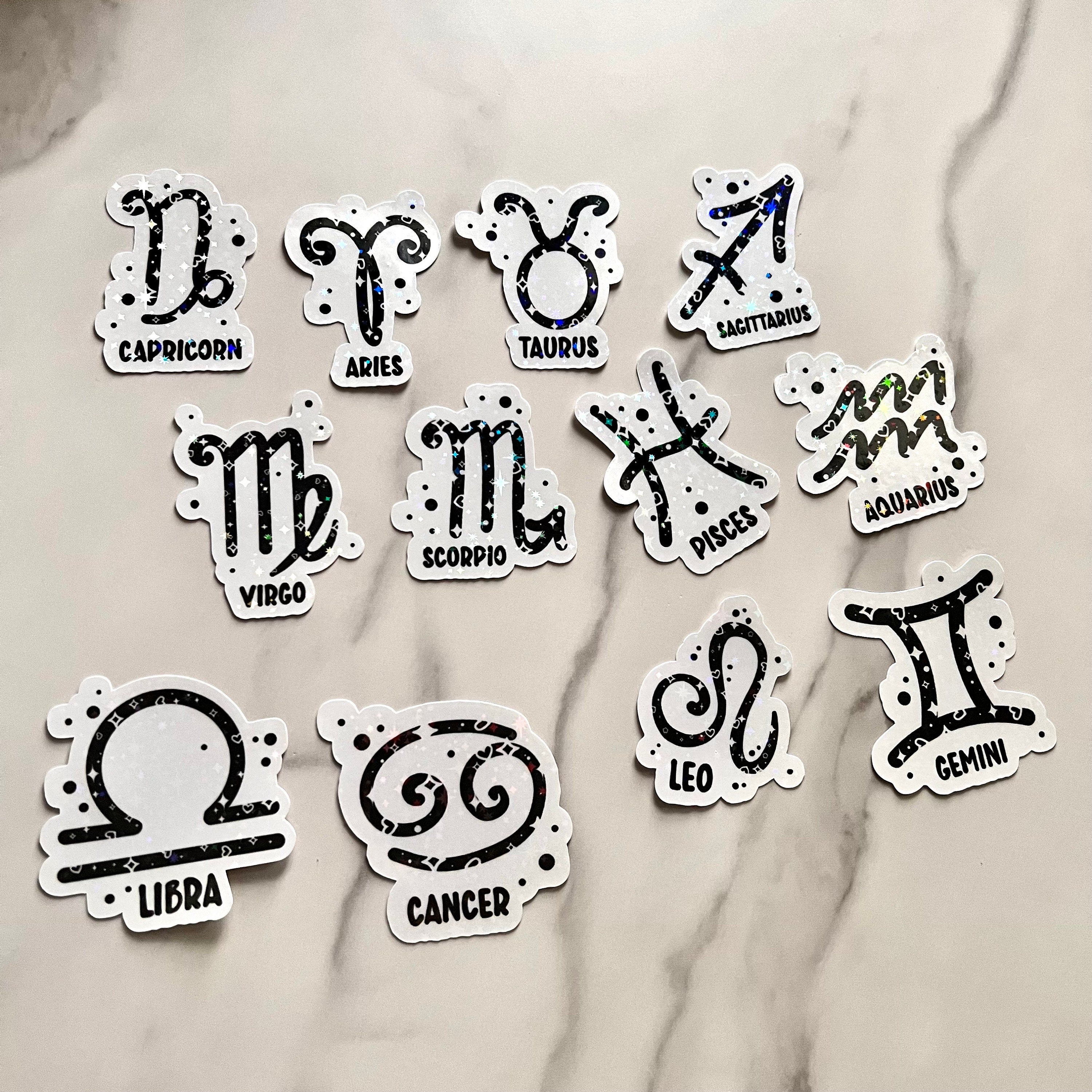 Zodiac Sticker Holographic 12 Star Sign, Black Vinyl, Witchy Tarot Horoscope, kindle stickers, laptop, die cut one piece sticker