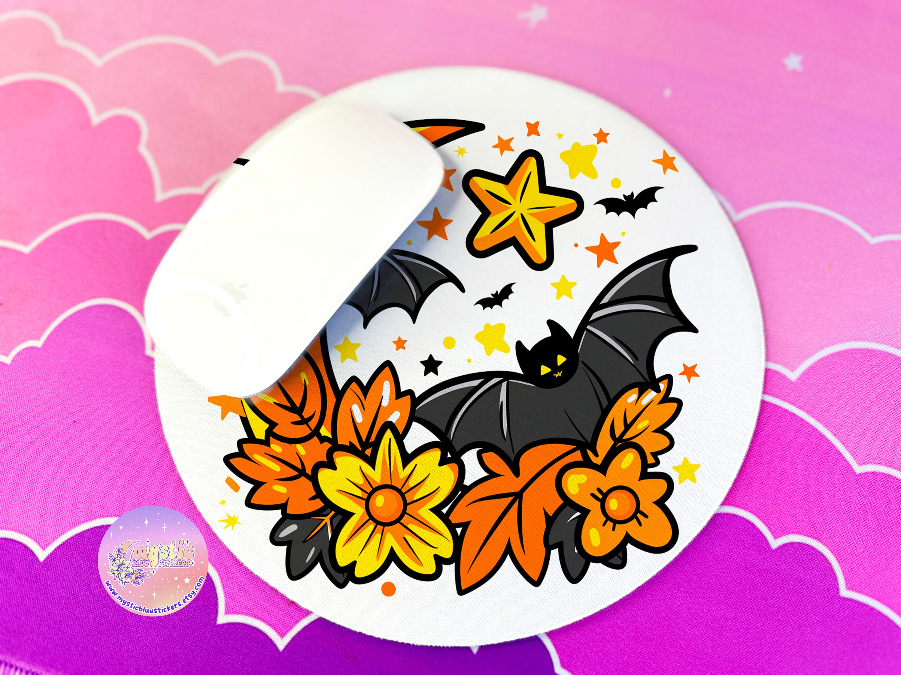 Mouse Pad Round Halloween Bats & Autumn Leaves - Cute Cartoon Office Desk Accessories - Aesthetic Office Decor - 7x7in Gift for Friend