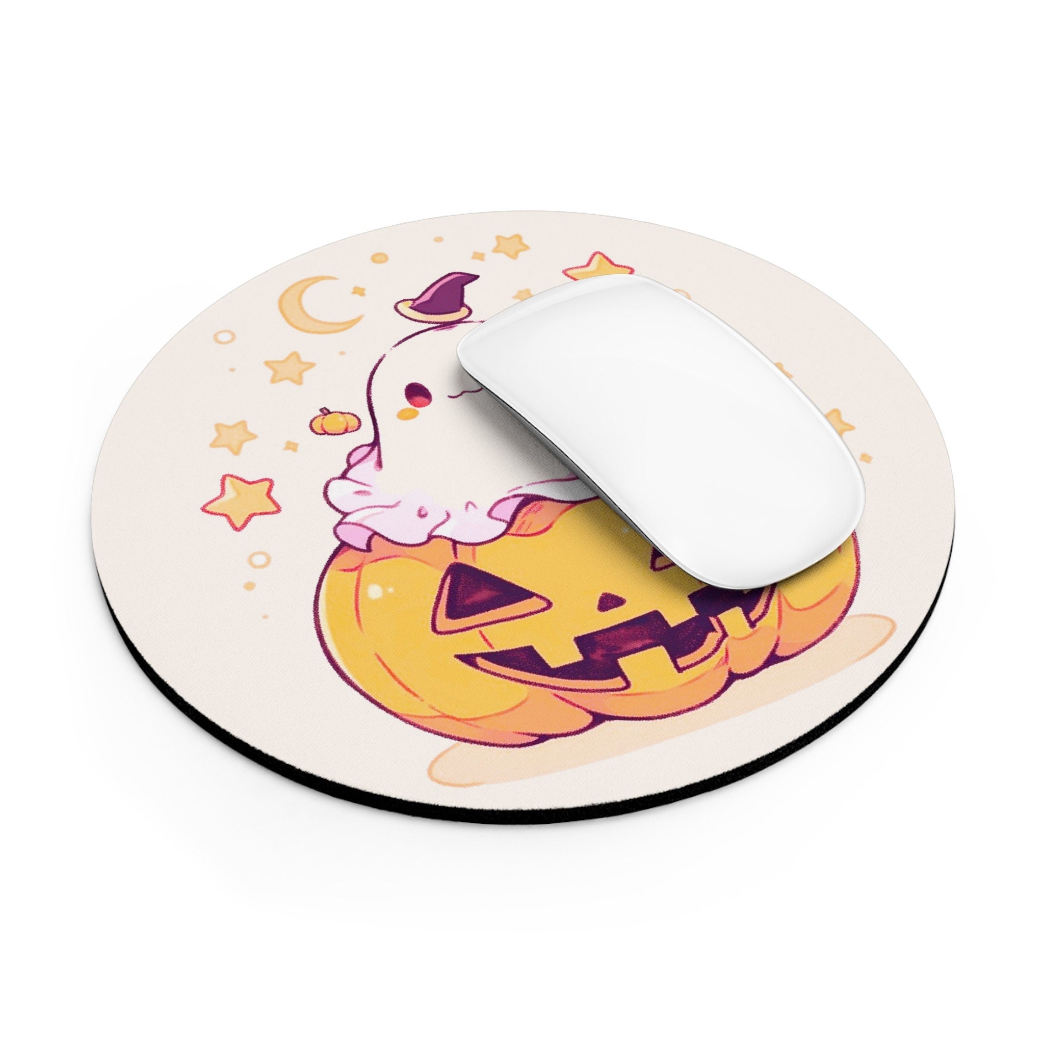 Aesthetic Ghost Mousepad Pumpkin Autumn Leaves Kawaii Decor, Moon and Stars, Round Mouse Pad, Cozy Desk Mat, Ghost Aesthetic Desktop